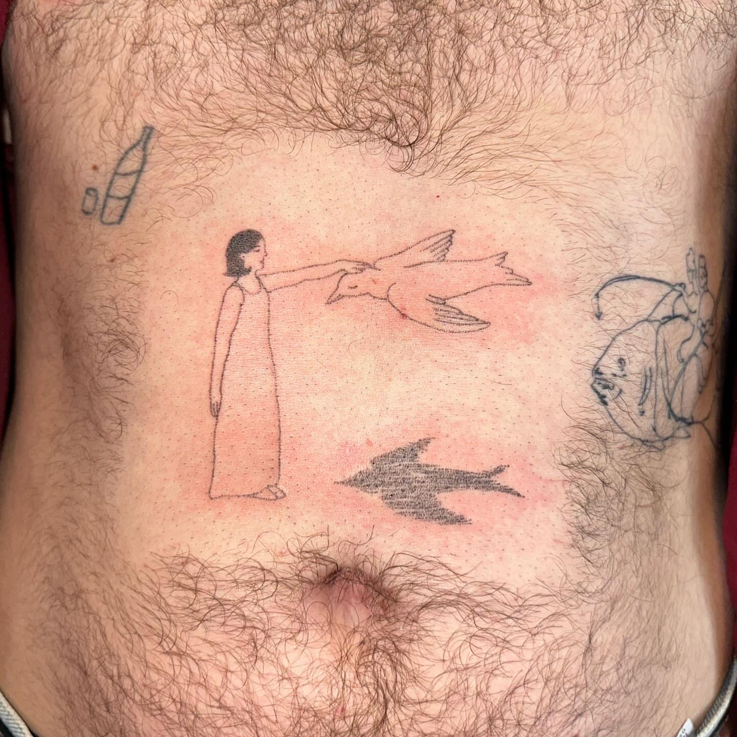 Woman with flying fish dotwork tattoo on the torso by kate