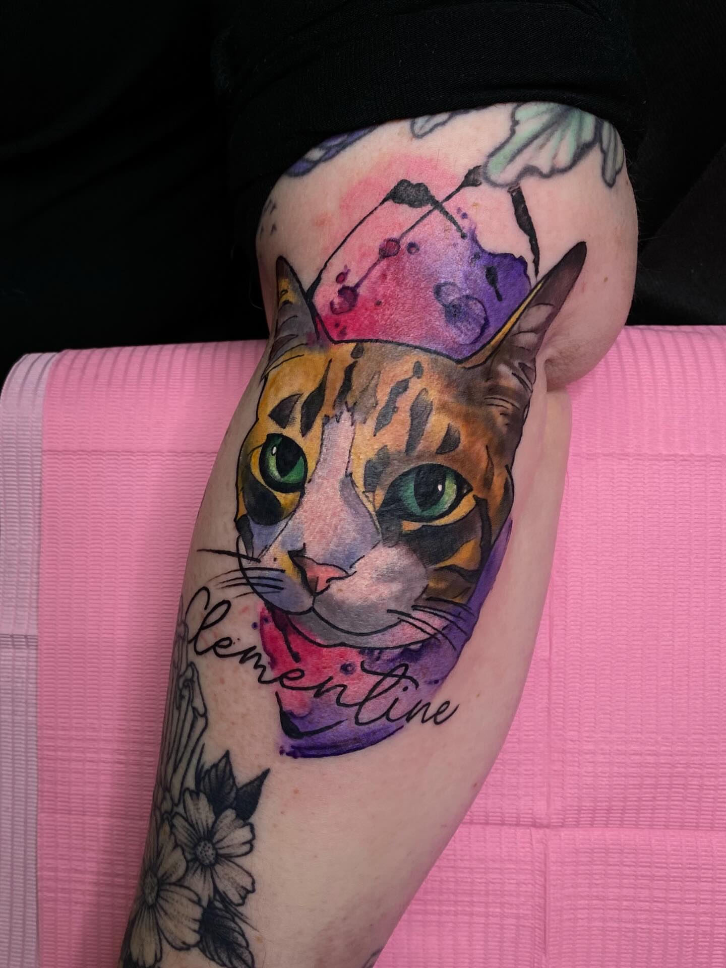 Cat watercolor tattoo on the forearm by @kaitlin.tattoos, Richmond, Virginia