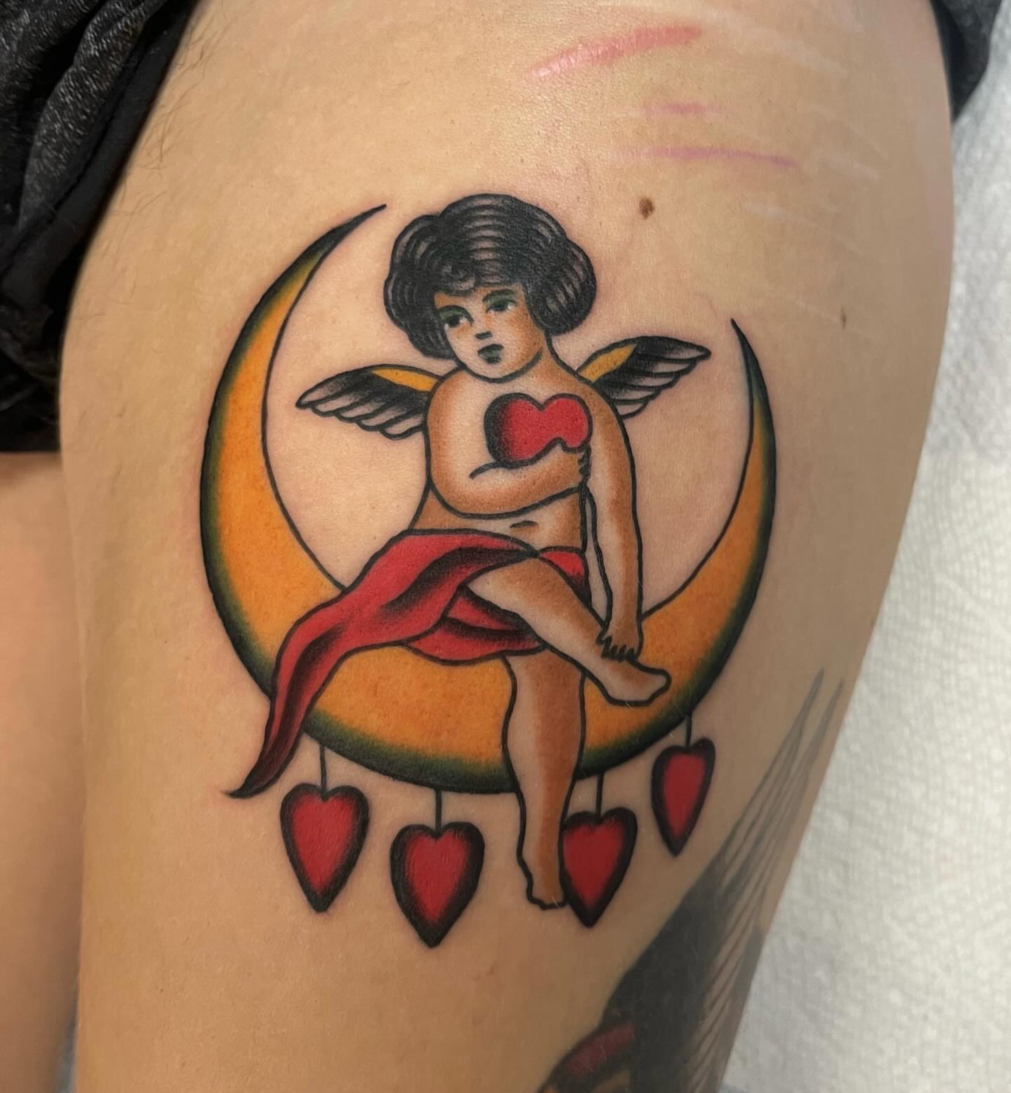 Cherub American traditional tattoo on the thigh by Elizabeth Summers ❨・¨⬮ Traditional Tattoo