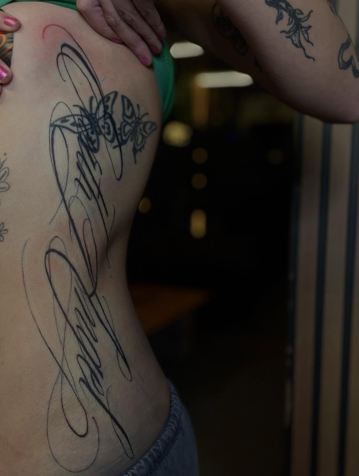 Script lettering lettering script tattoo on the shoulder by Trinity