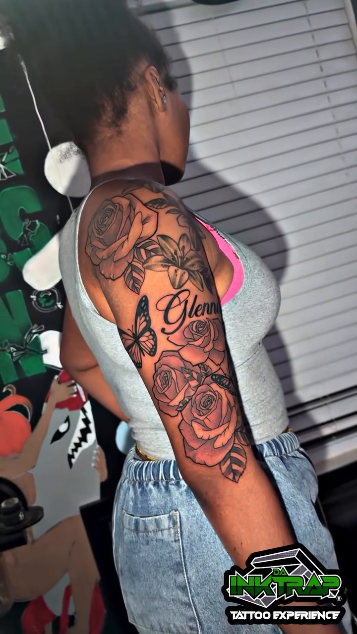 Roses and script on arm realism tattoo by Atlanta Tattoo Artist βπ½
