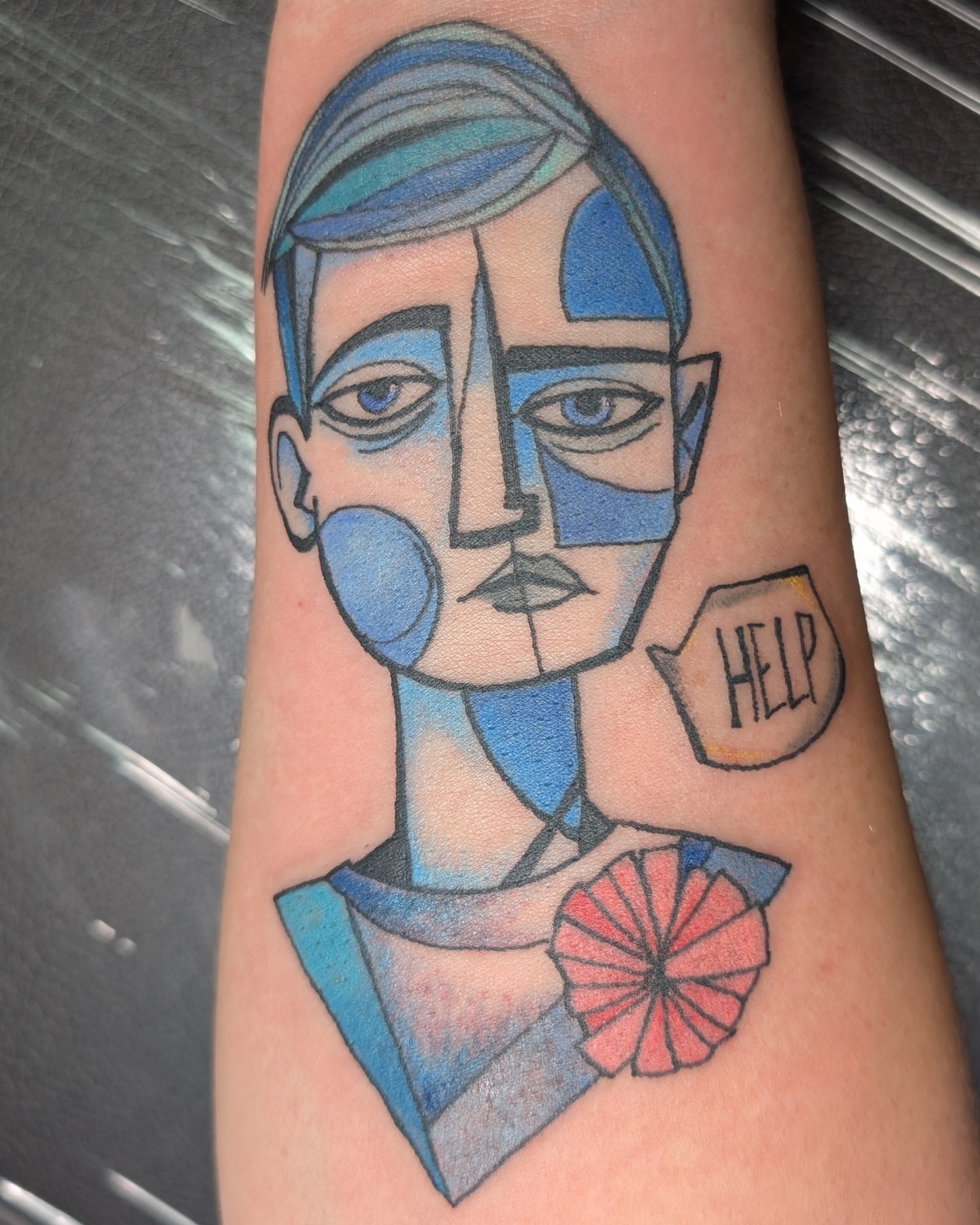 Abstract portrait geometric tattoo on the forearm by Trinity Renee
