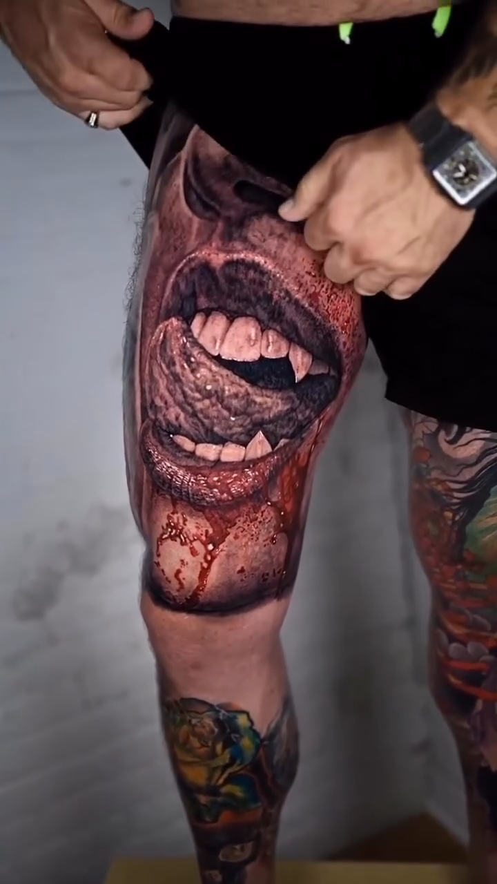 Vampire mouth with fangs realism tattoo by Francis nieves, Miami, Florida