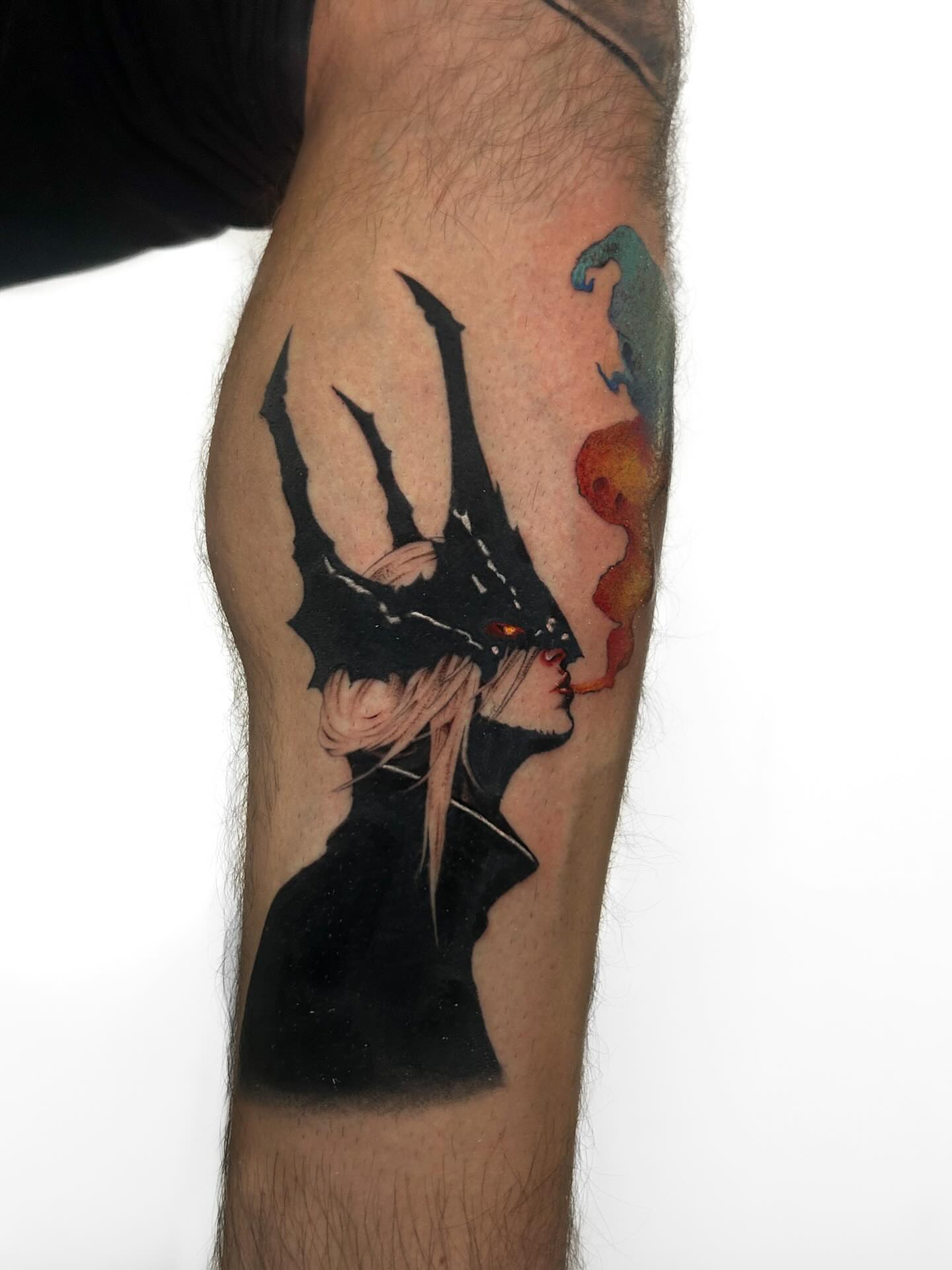 Dragon and woman dark realism tattoo on the forearm by Chloe