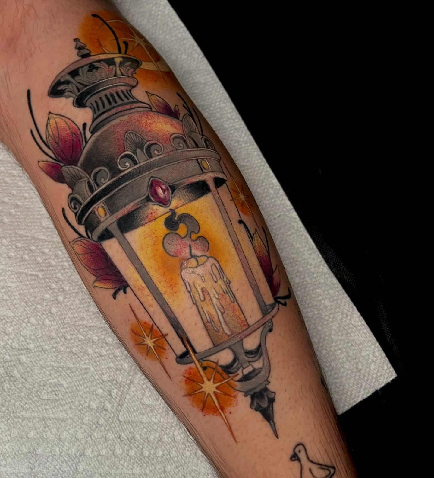 Lantern with candle American traditional tattoo on the forearm by Summer Machelle, Orange, California