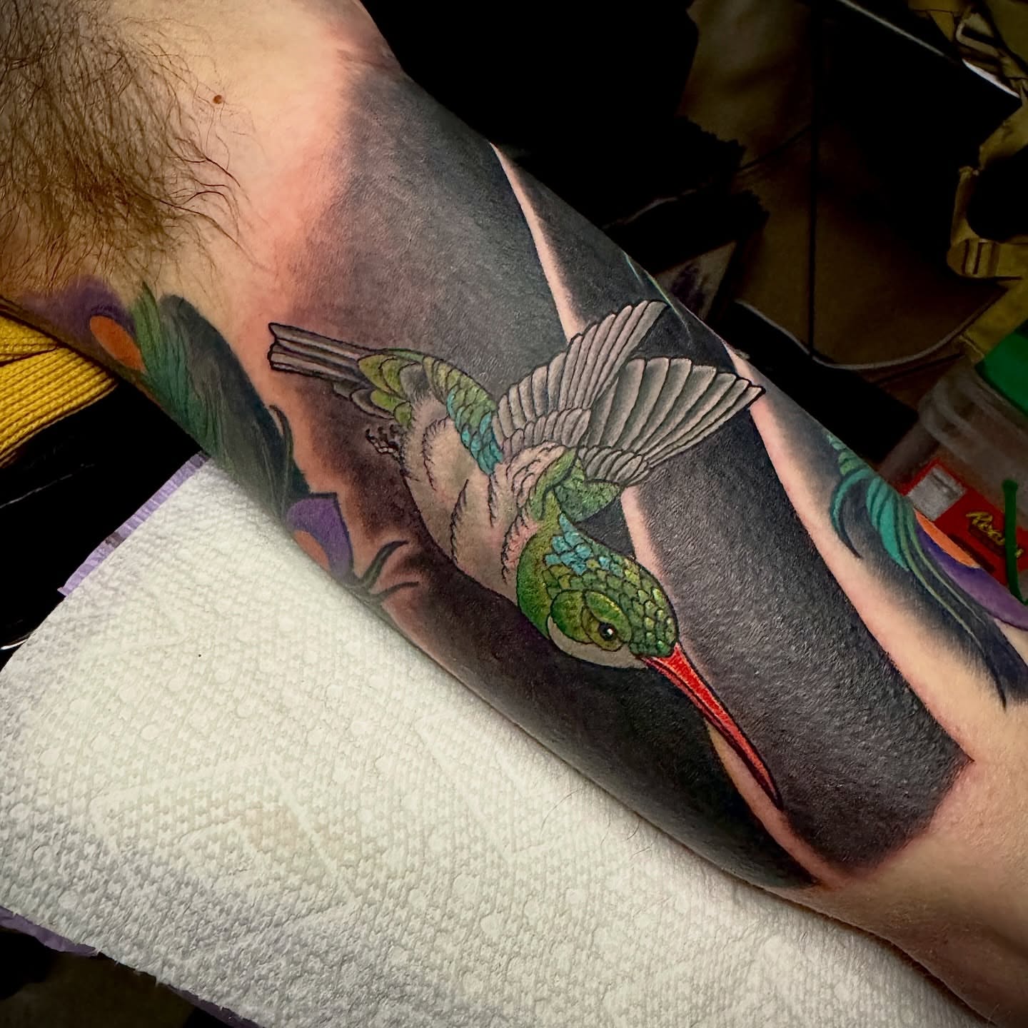 Hummingbird realism tattoo on the forearm by Derek Cilla, Bethlehem, Pennsylvania