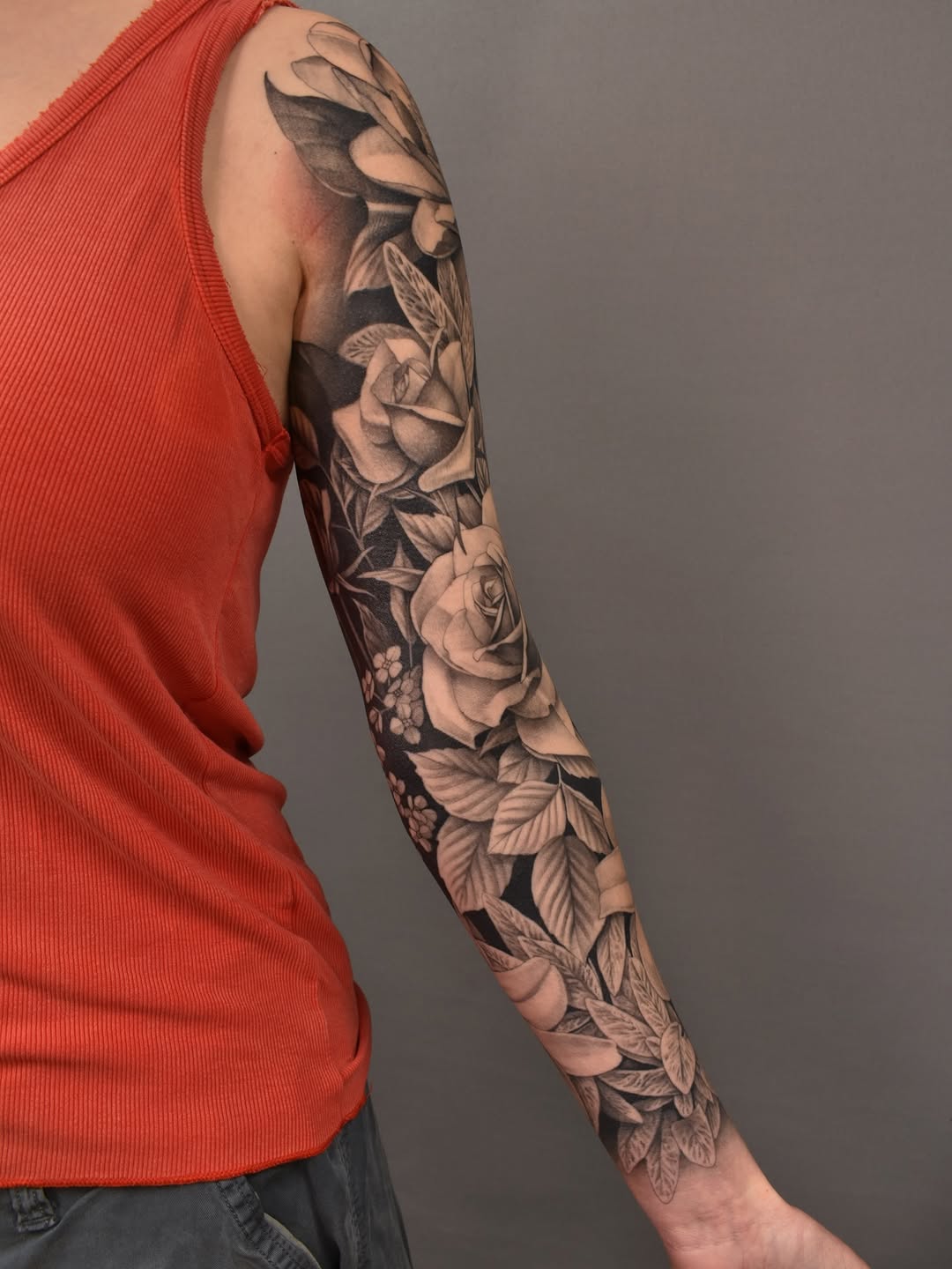 Roses and leaves sleeve dotwork tattoo on the forearm by Tattoo Artist