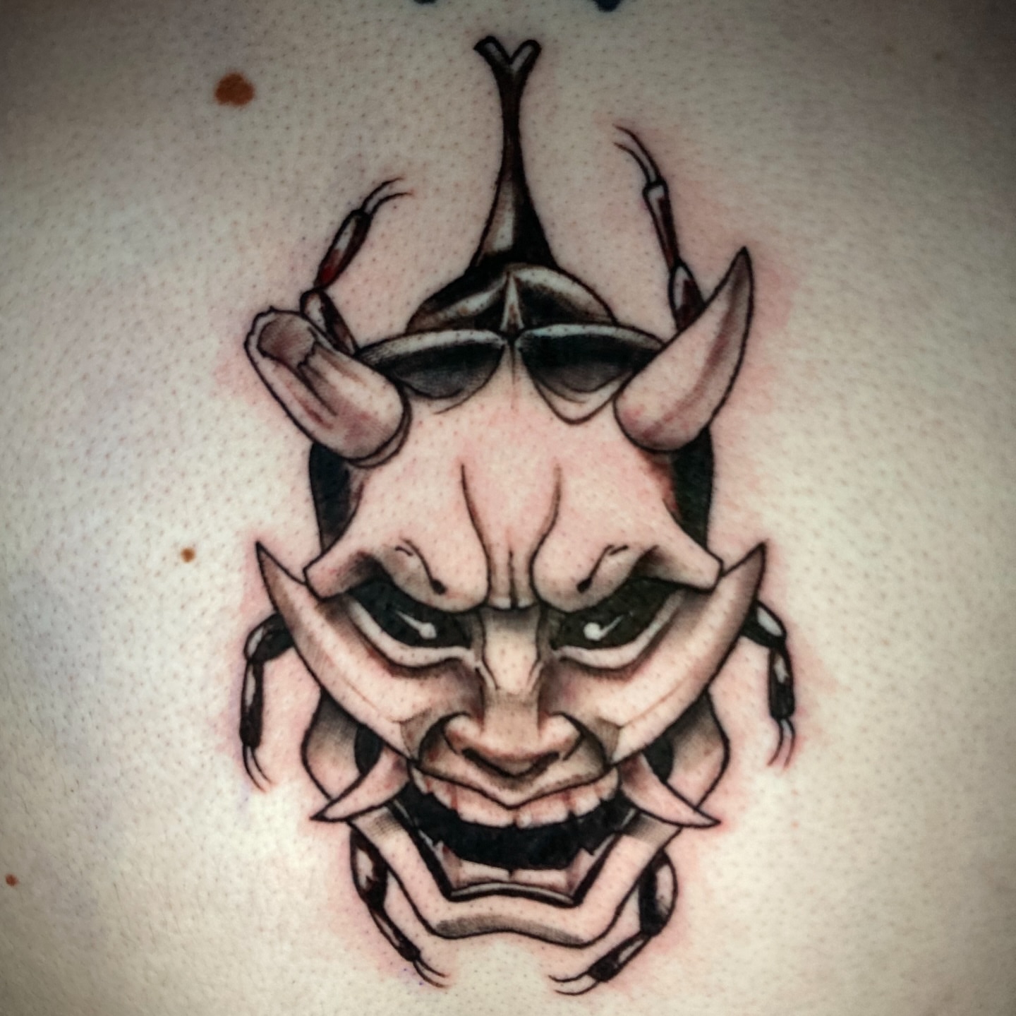 Demon mask American traditional tattoo by Eathan Hale-(East TN) Newschool Tattoo Artist