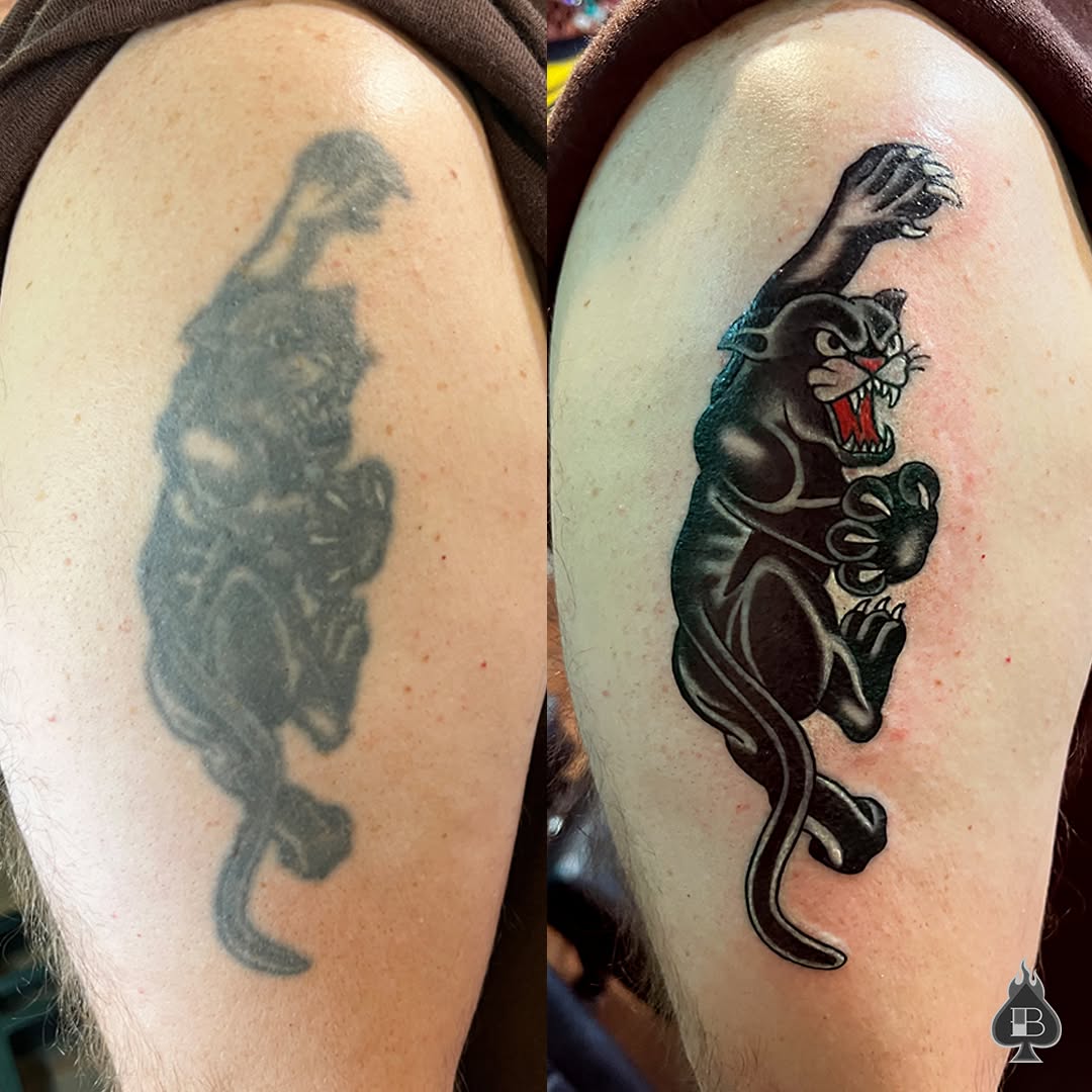Panther realism tattoo on the upper arm by BRIK RANGEL - Tattoo Artist