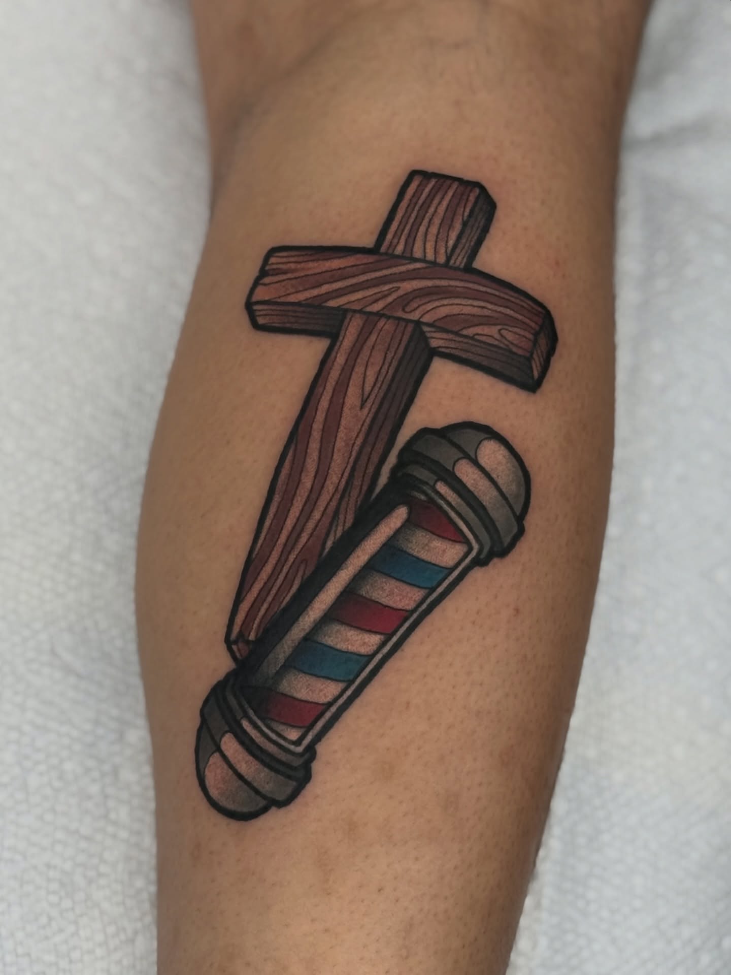 Wooden cross American traditional tattoo on the forearm by T Dubs ✏️