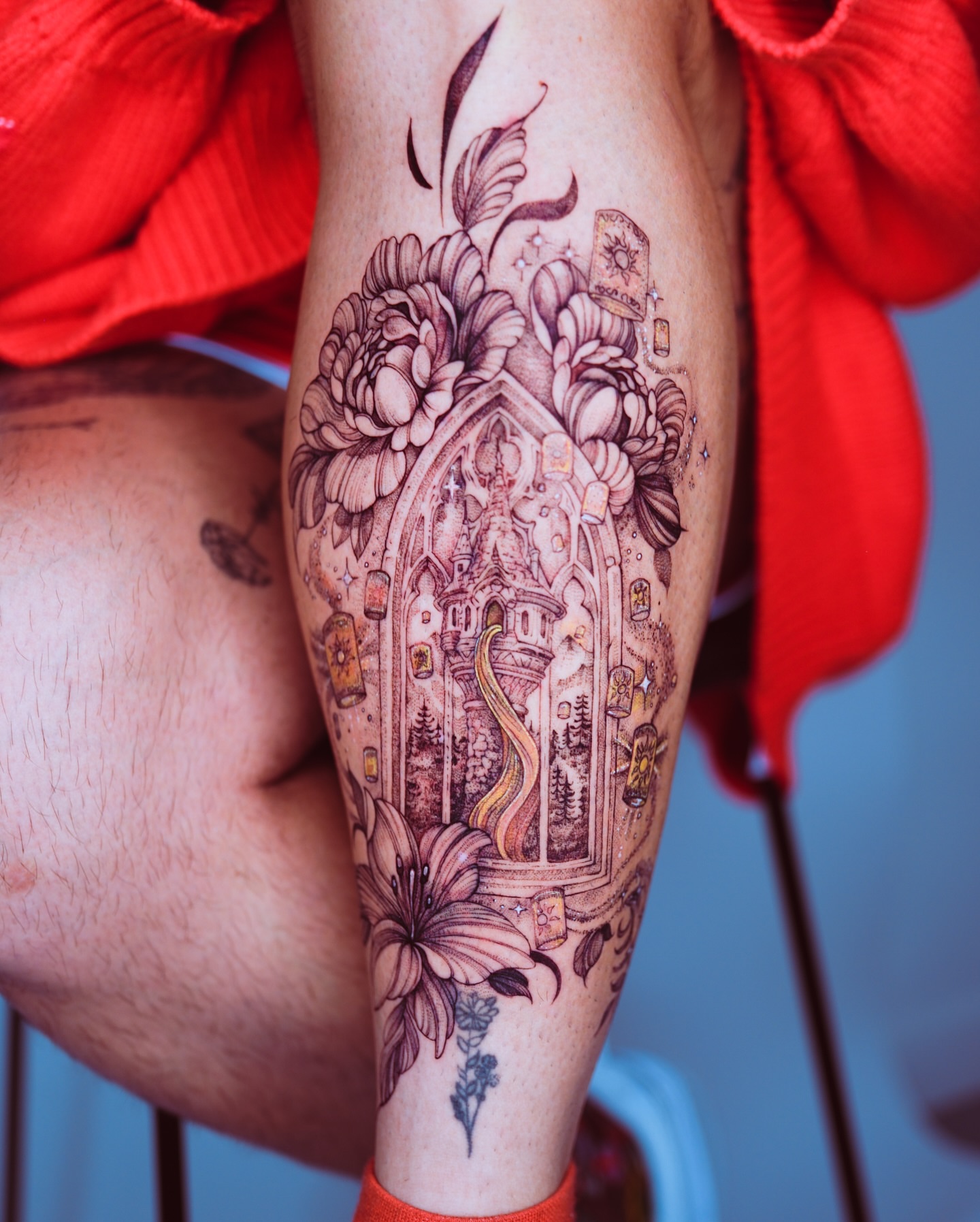 Gothic window illustrative tattoo on the calf by Esther ✣ Fine Line Floral Tattoo Artist LA, Los Angeles, California