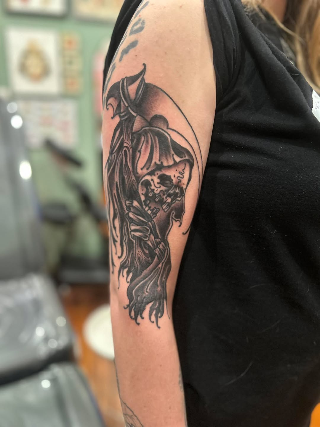 Tattoo by @daemiondesign — black_and_grey, dark_realism