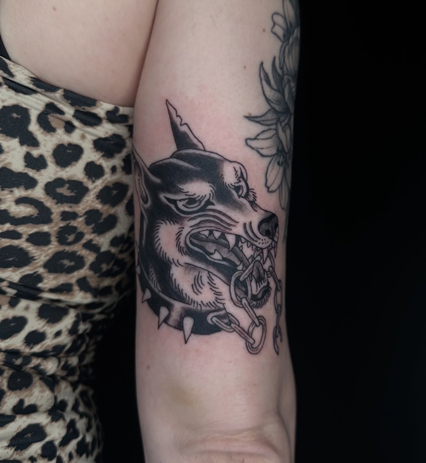 Dog head black and grey tattoo on the forearm by ππ¦π βπ¬π²π«π±π°