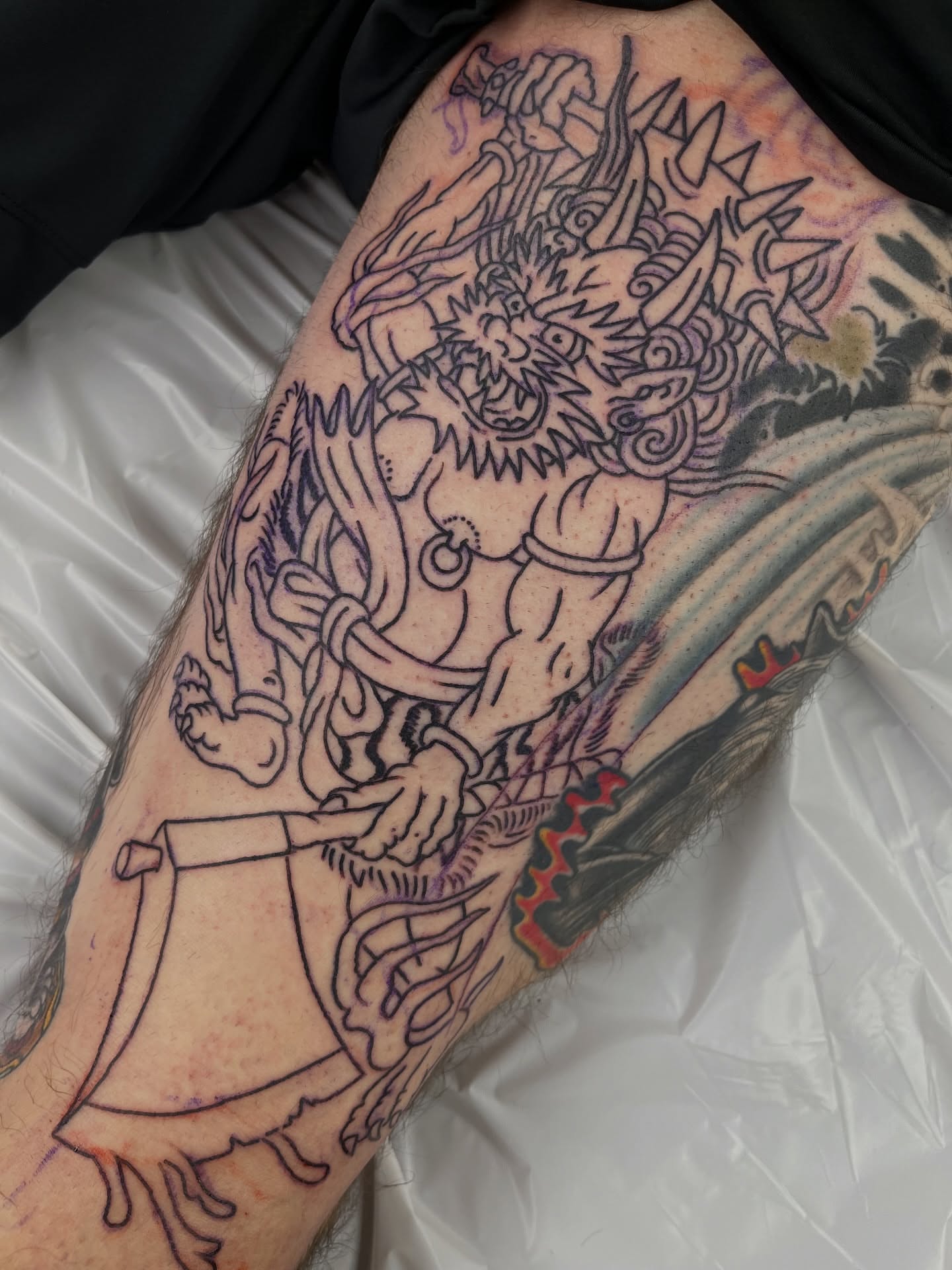 Demon warrior japanese irezumi tattoo on the thigh by Steve Tiberi