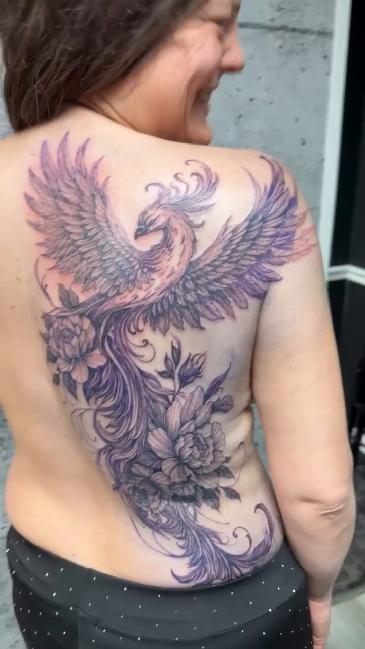 Phoenix with flowers japanese irezumi tattoo by Aura Noire