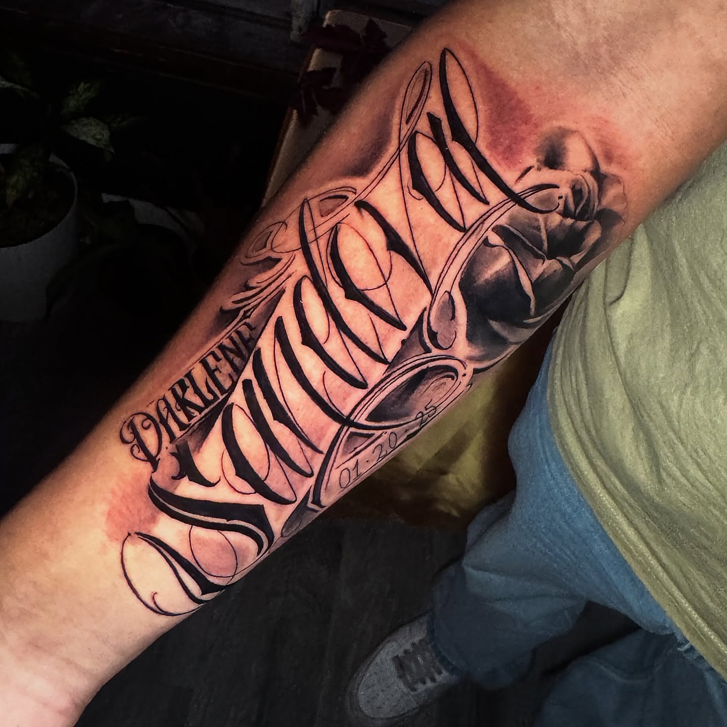 Script lettering lettering script tattoo on the forearm by Donald Reynolds