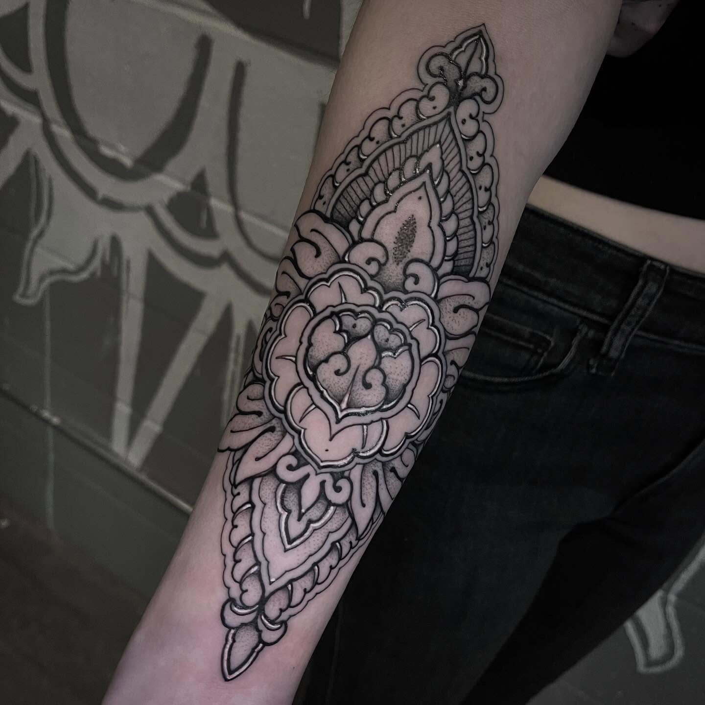 Floral mandala ornamental tattoo on the forearm by Brandon Mola, Chicago, Illinois