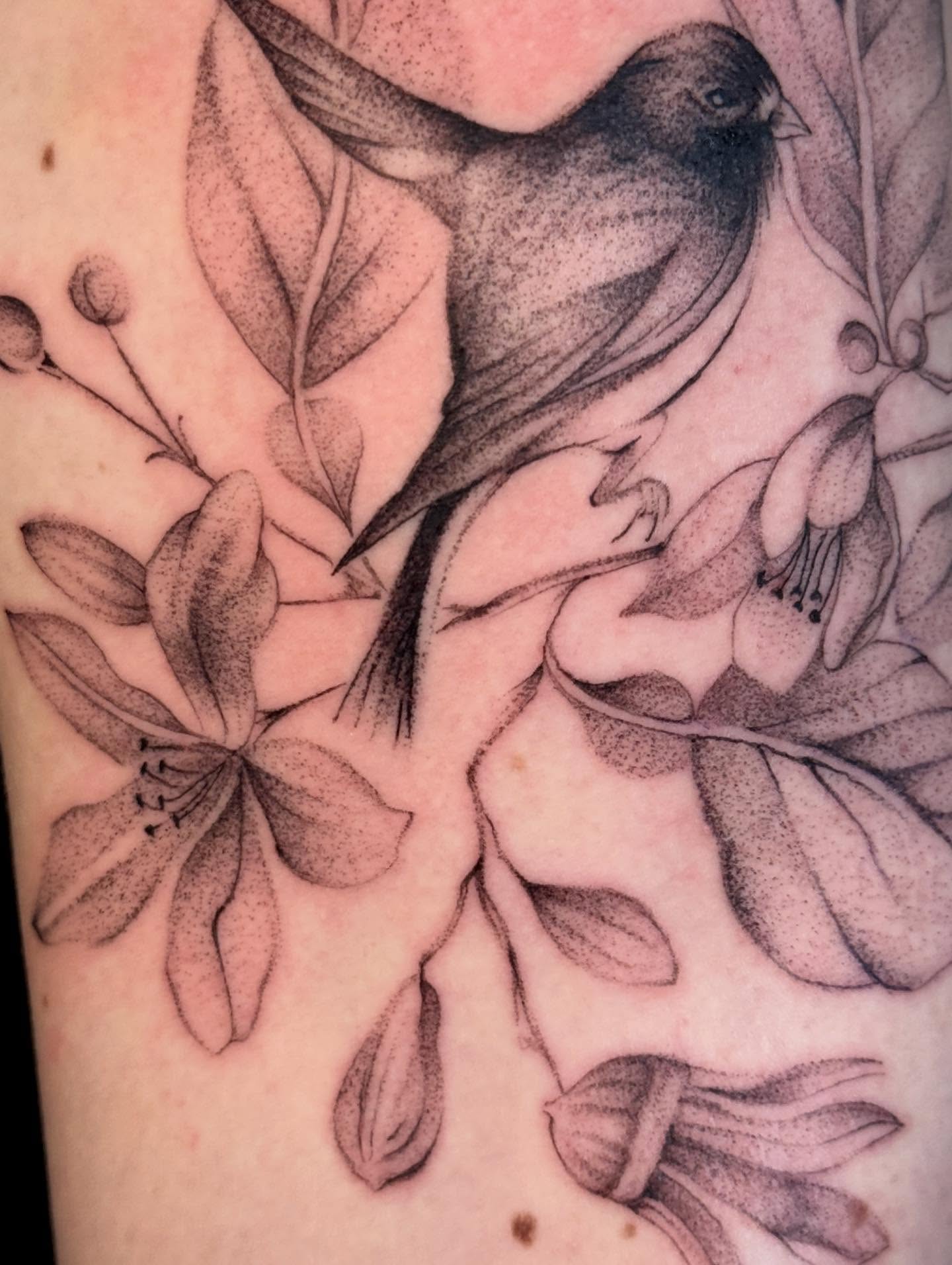 Bird and flowers dotwork tattoo on the forearm by tattoos by miss jackie o 🎱