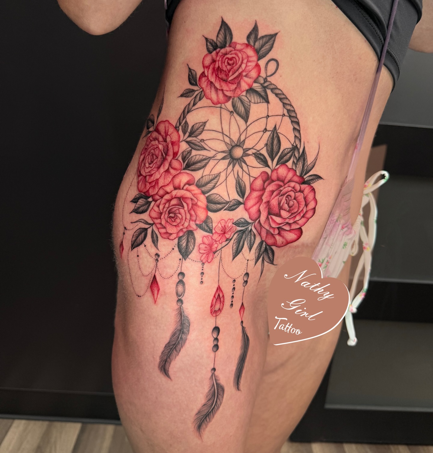 Dreamcatcher with roses dotwork tattoo on the thigh by ๐๐ช๐ฝ๐ฑ๐ ๐๐ฒ๐ป๐ต ๐ฃ๐ช๐ฝ๐ฝ๐ธ๐ธ