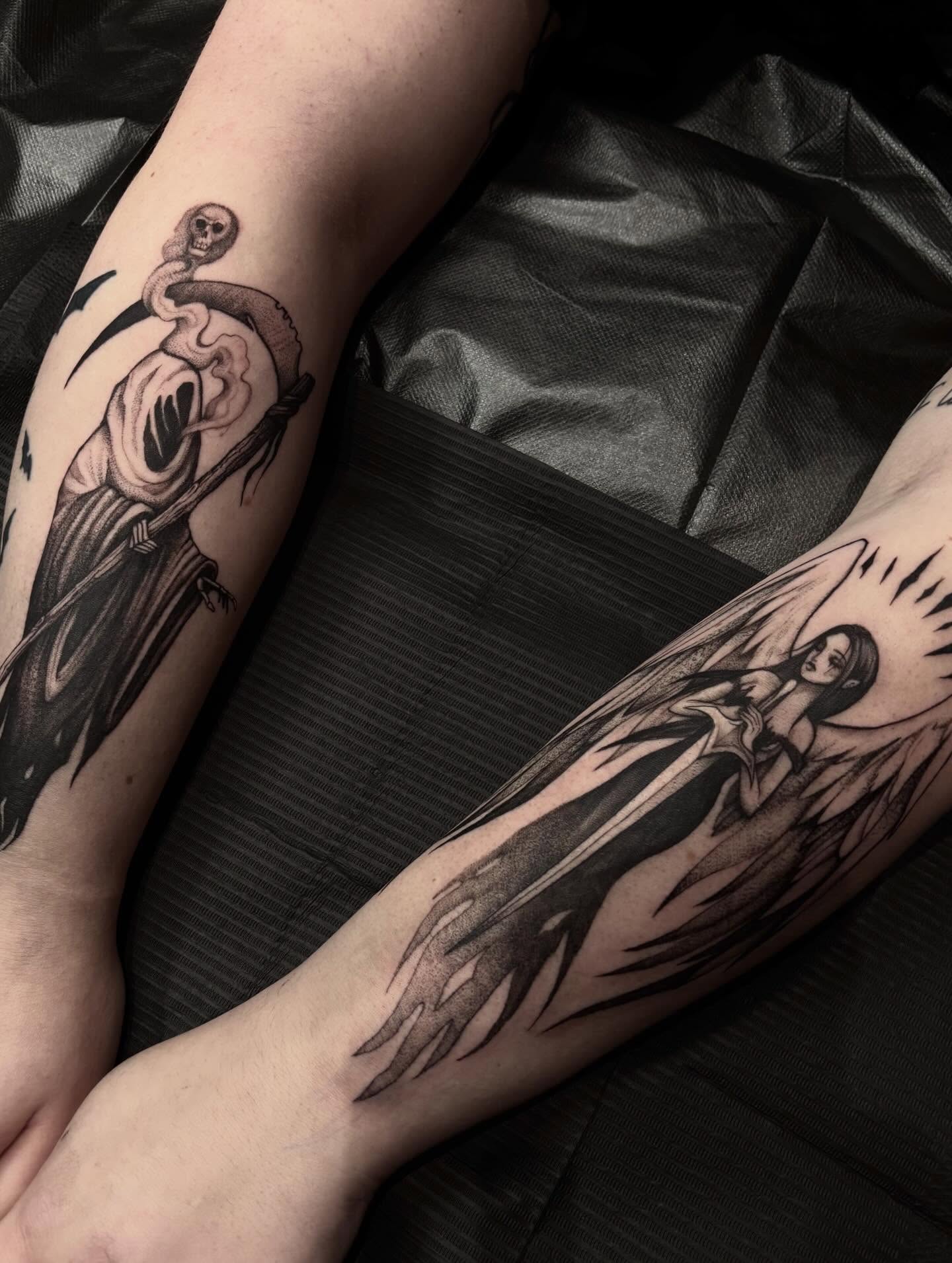 Grim reaper and angel black and grey tattoo on the forearm by ๐๐ช๐ฒ๐ต๐ฎ๐ ๐๐ช๐ฎ๐ฝ๐