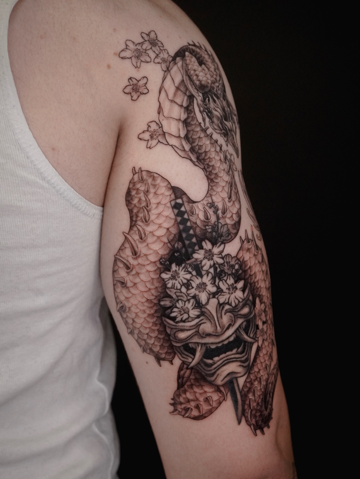 Tattoo by @153cm_tattoo — black_and_grey, japanese_irezumi
