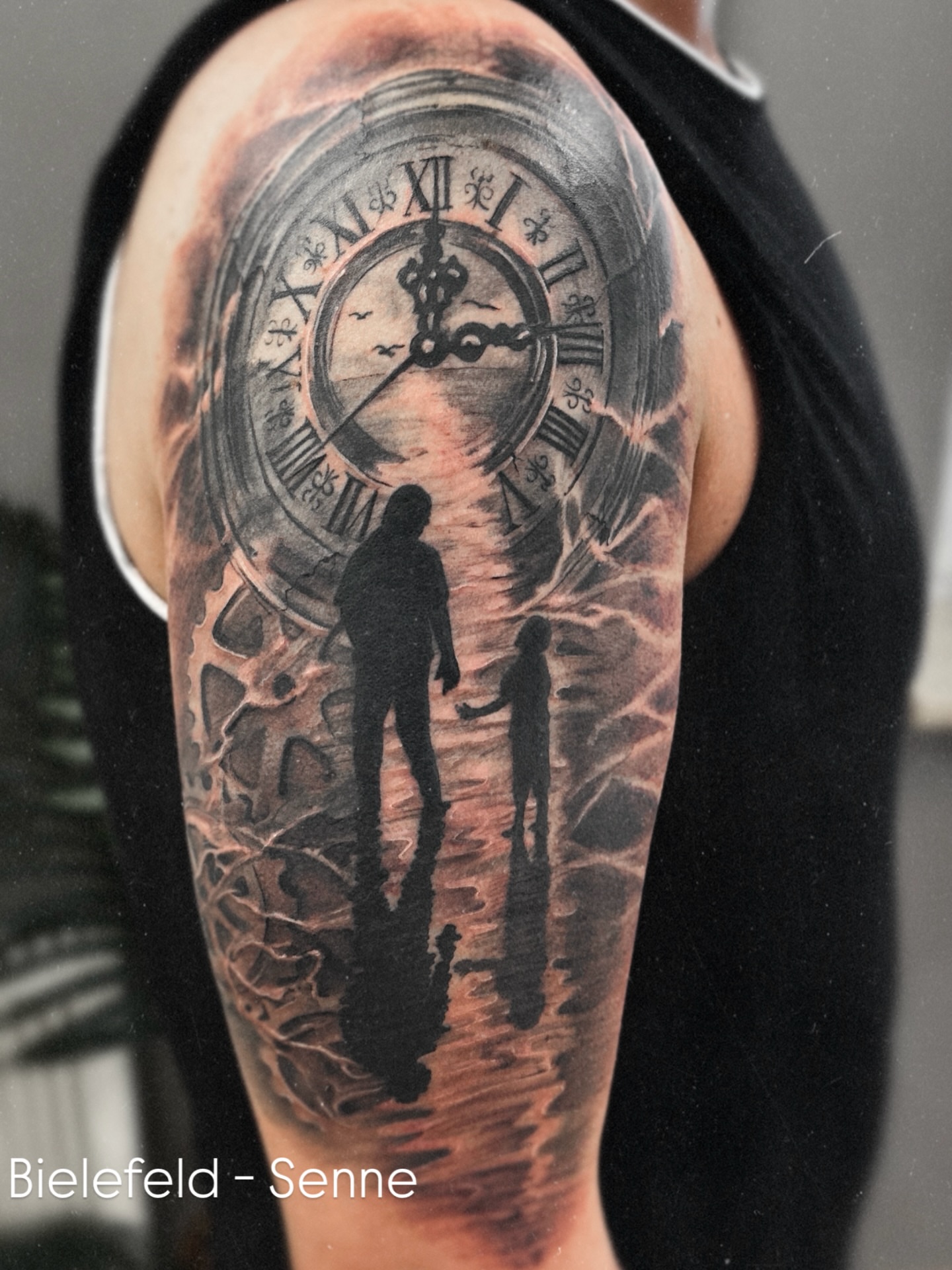 Clock and silhouettes realism tattoo on the forearm by Die Ivo, Bielefeld, Germany