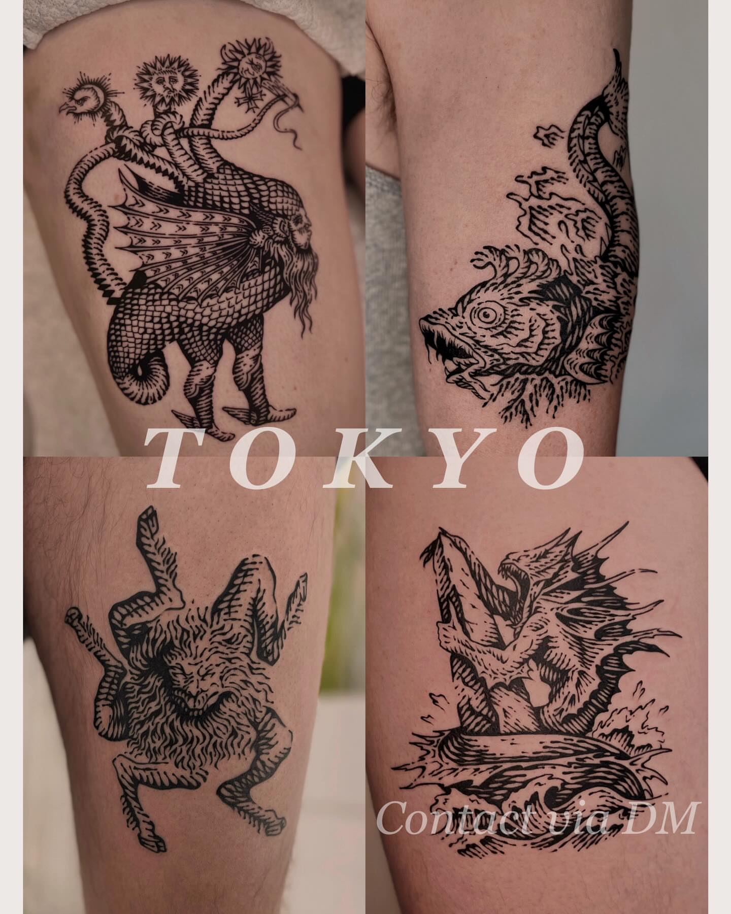 Mythical creatures dark realism tattoo on the thigh by Wonny