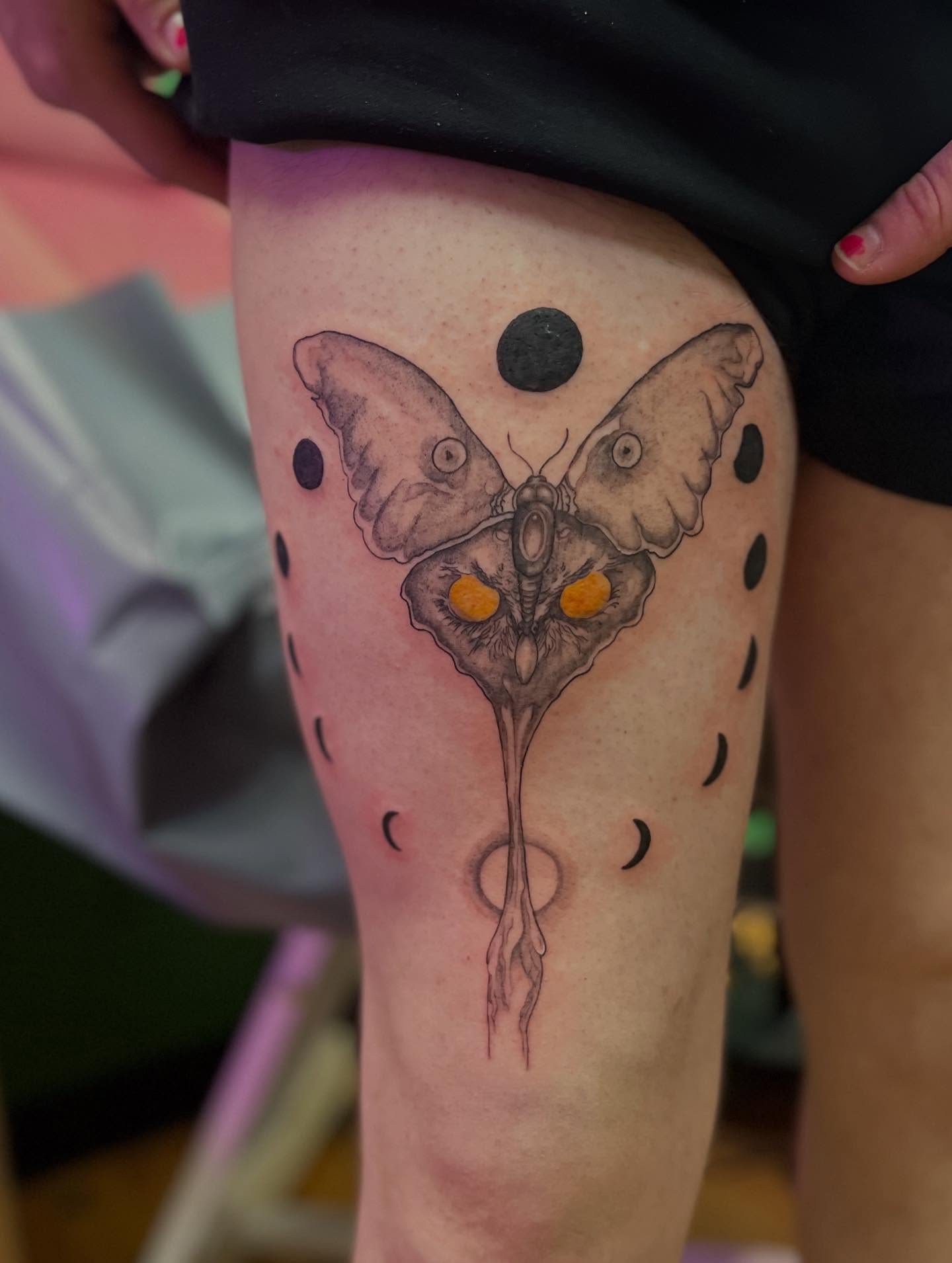 Moth dotwork tattoo on the thigh by Caitlin, Richmond, Virginia