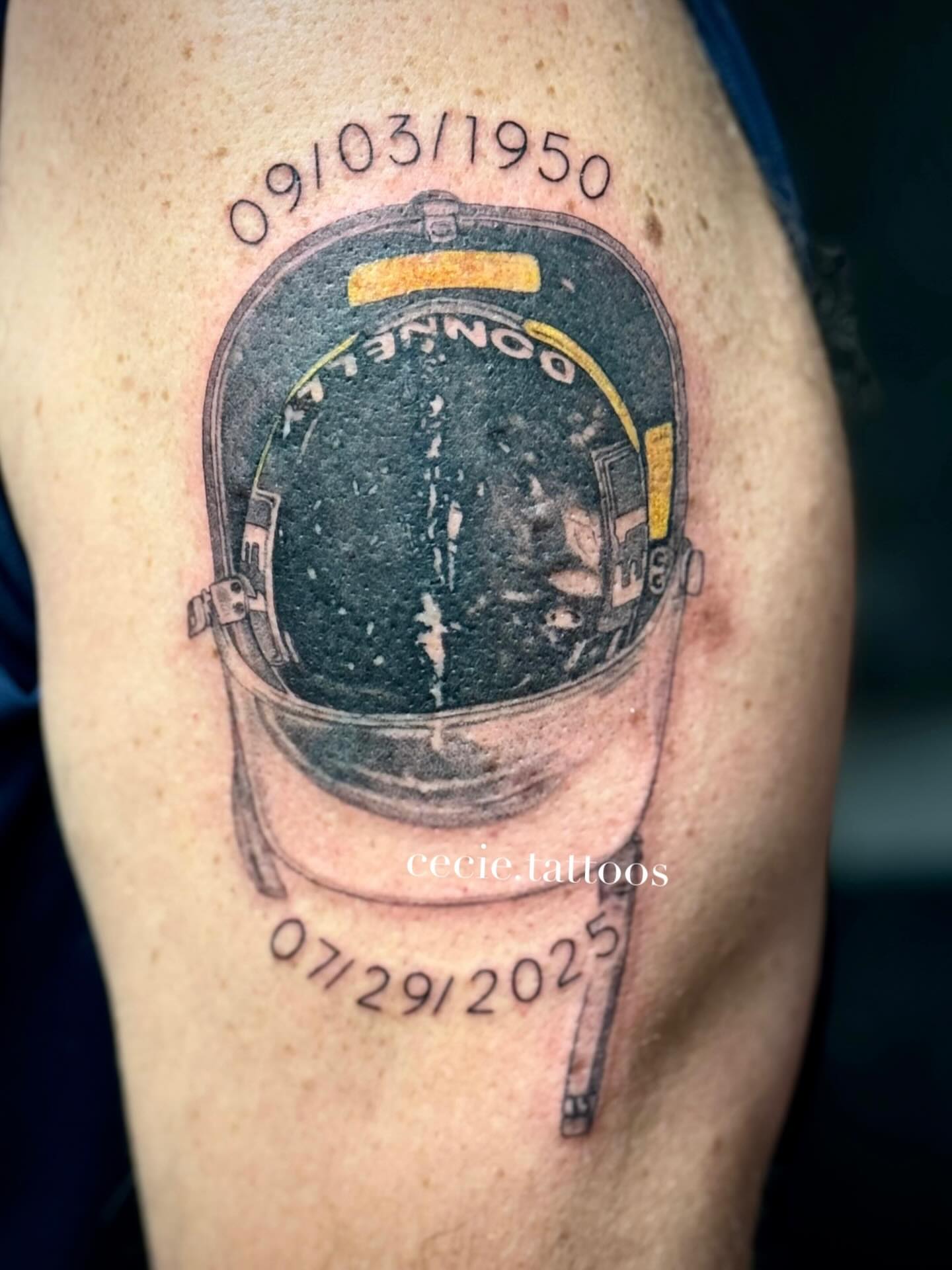 Space helmet realism tattoo on the thigh by cecie moua