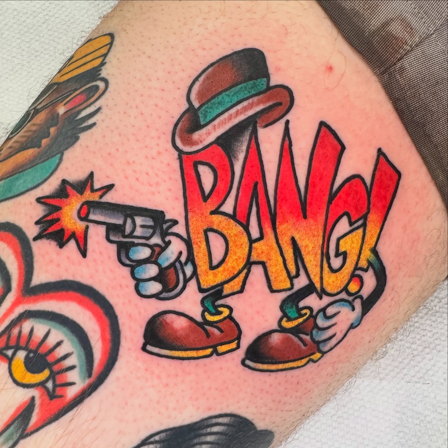 Bang American traditional tattoo on the forearm by Kenny Kastro