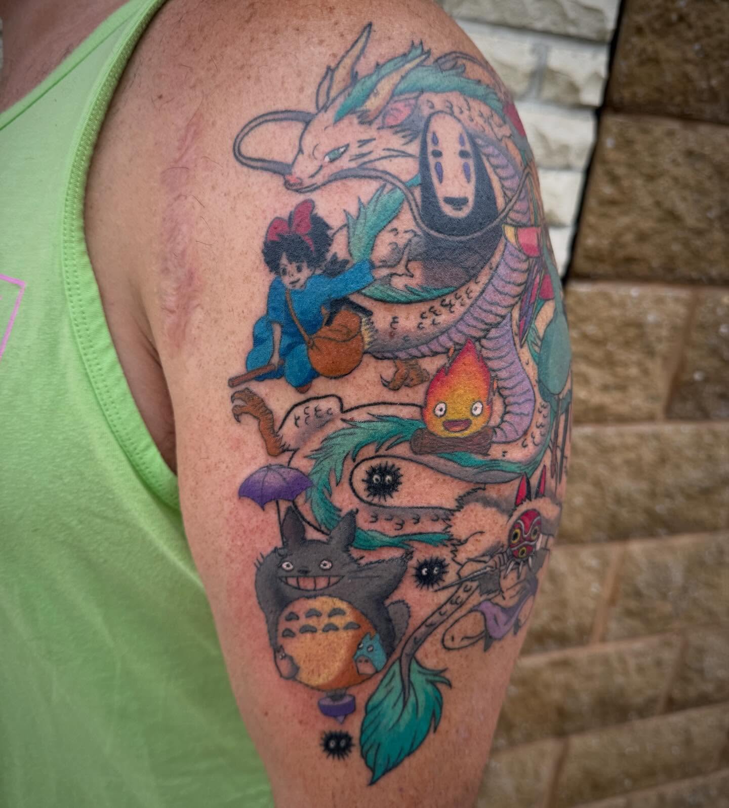 Studio ghibli characters anime tattoo on the shoulder by Abby Hofman