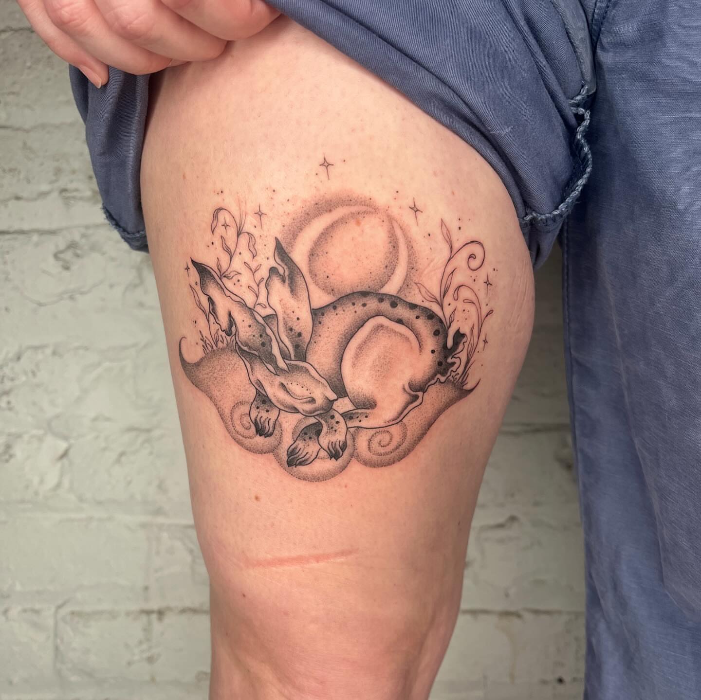 Fox and moon dotwork tattoo on the thigh by 𝔇𝔢𝔰𝔦
