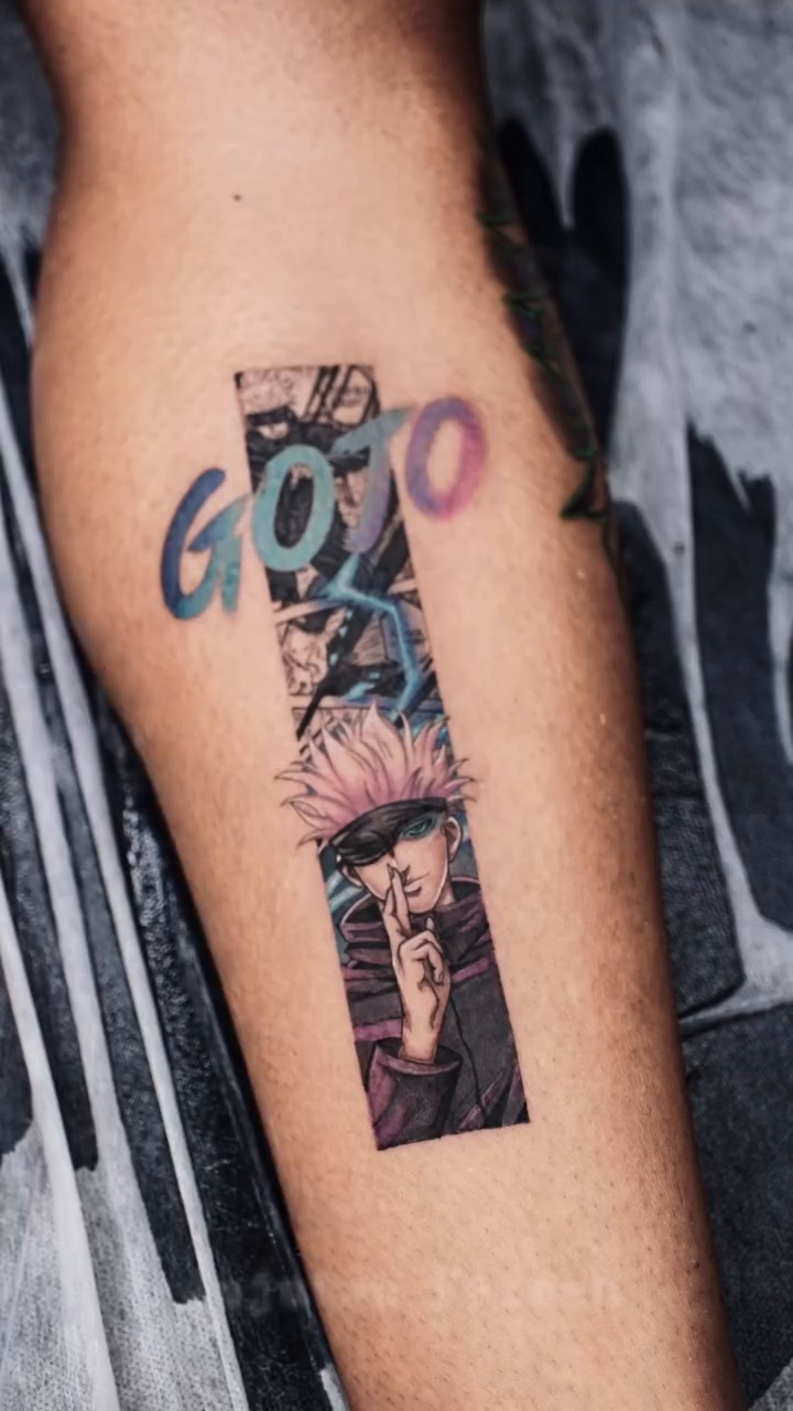 Satoru Gojo from Jujutsu Kaisen anime tattoo by Eva Liu