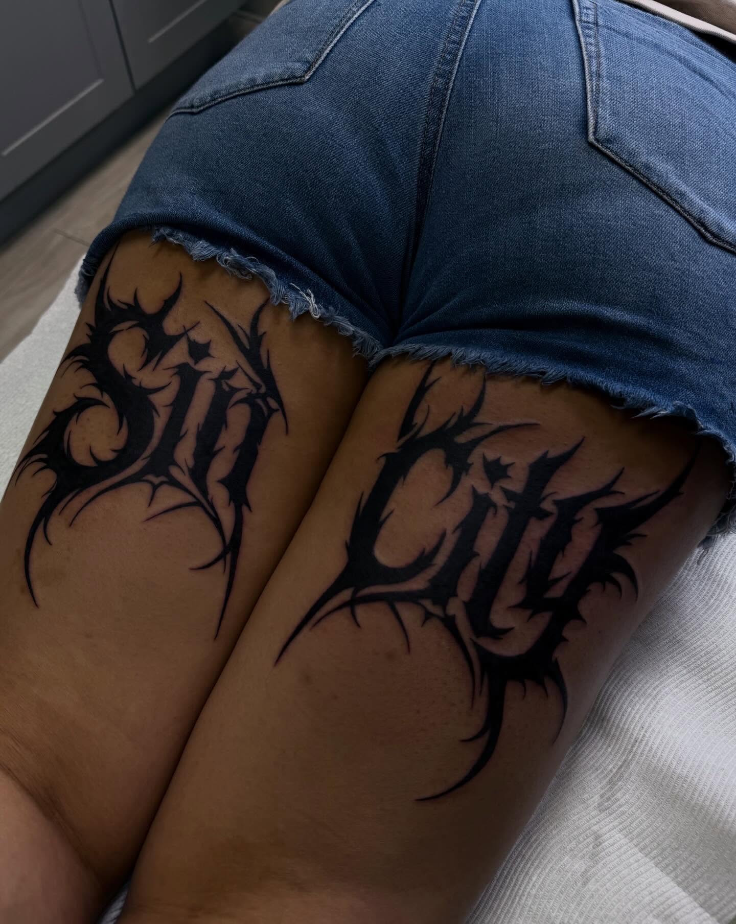 Sin city tribal tattoo on the thigh by Nadia ★