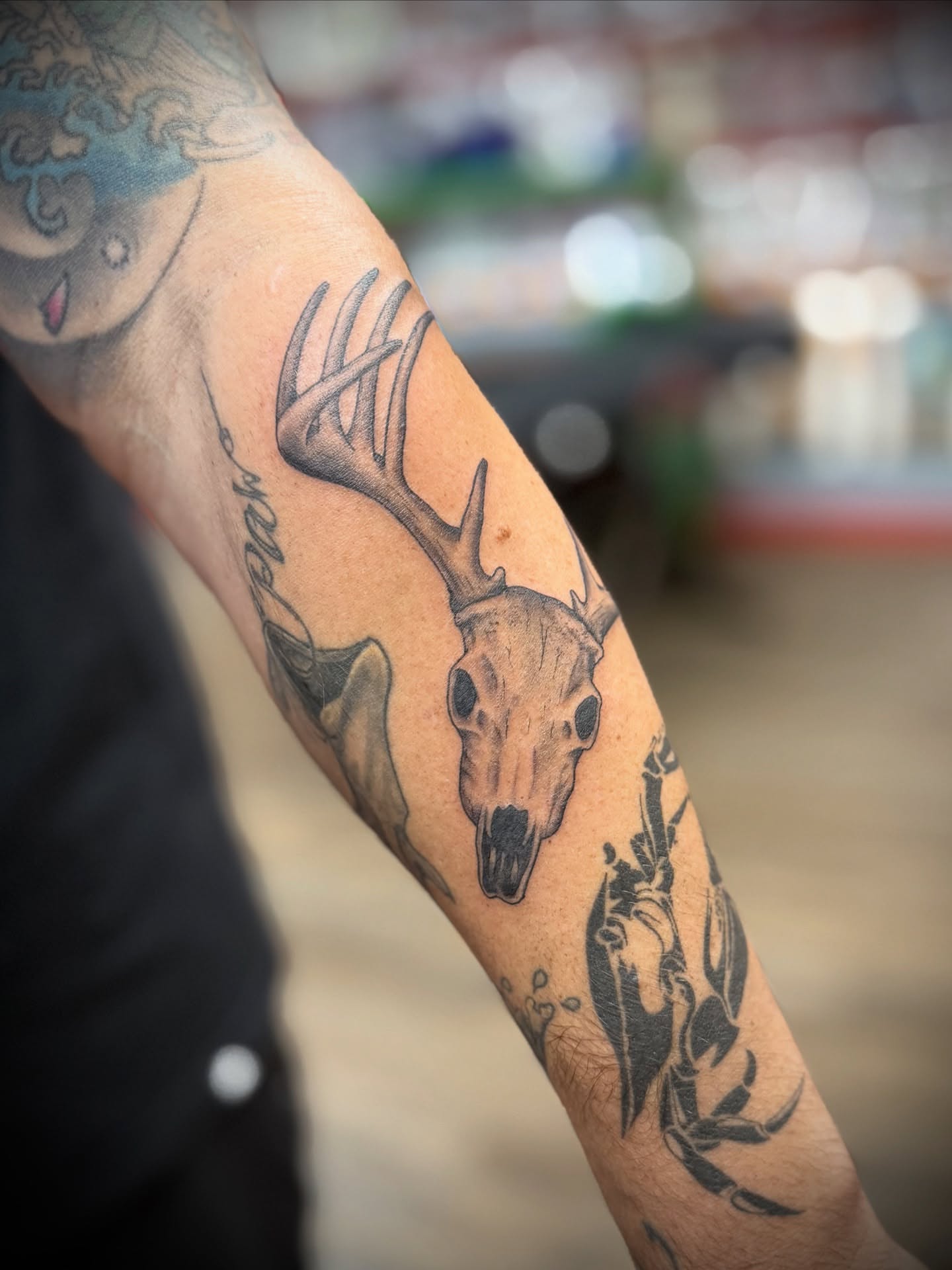 Deer skull black and grey tattoo on the forearm by Justin Bianchini - New Orleans Tattoo Artist