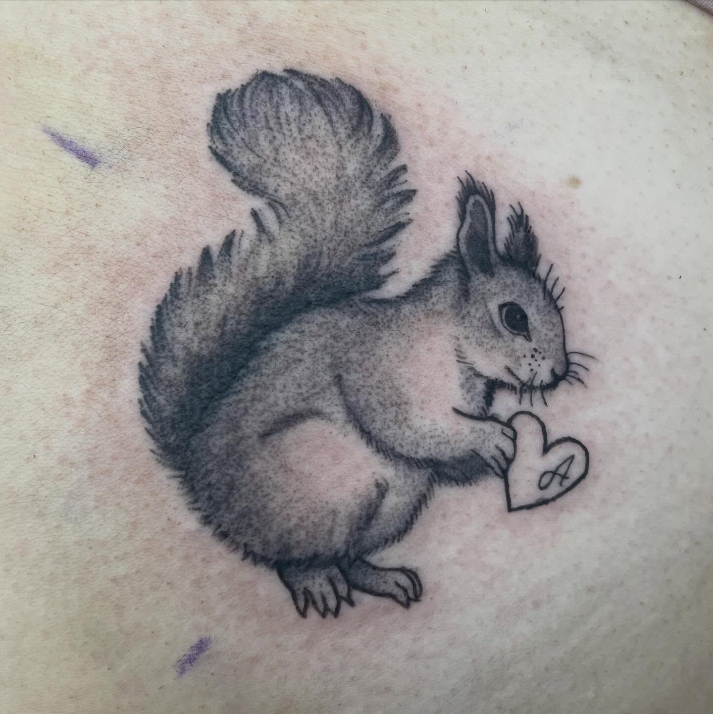 Squirrel black and grey tattoo on the shoulder by elly, Oakham