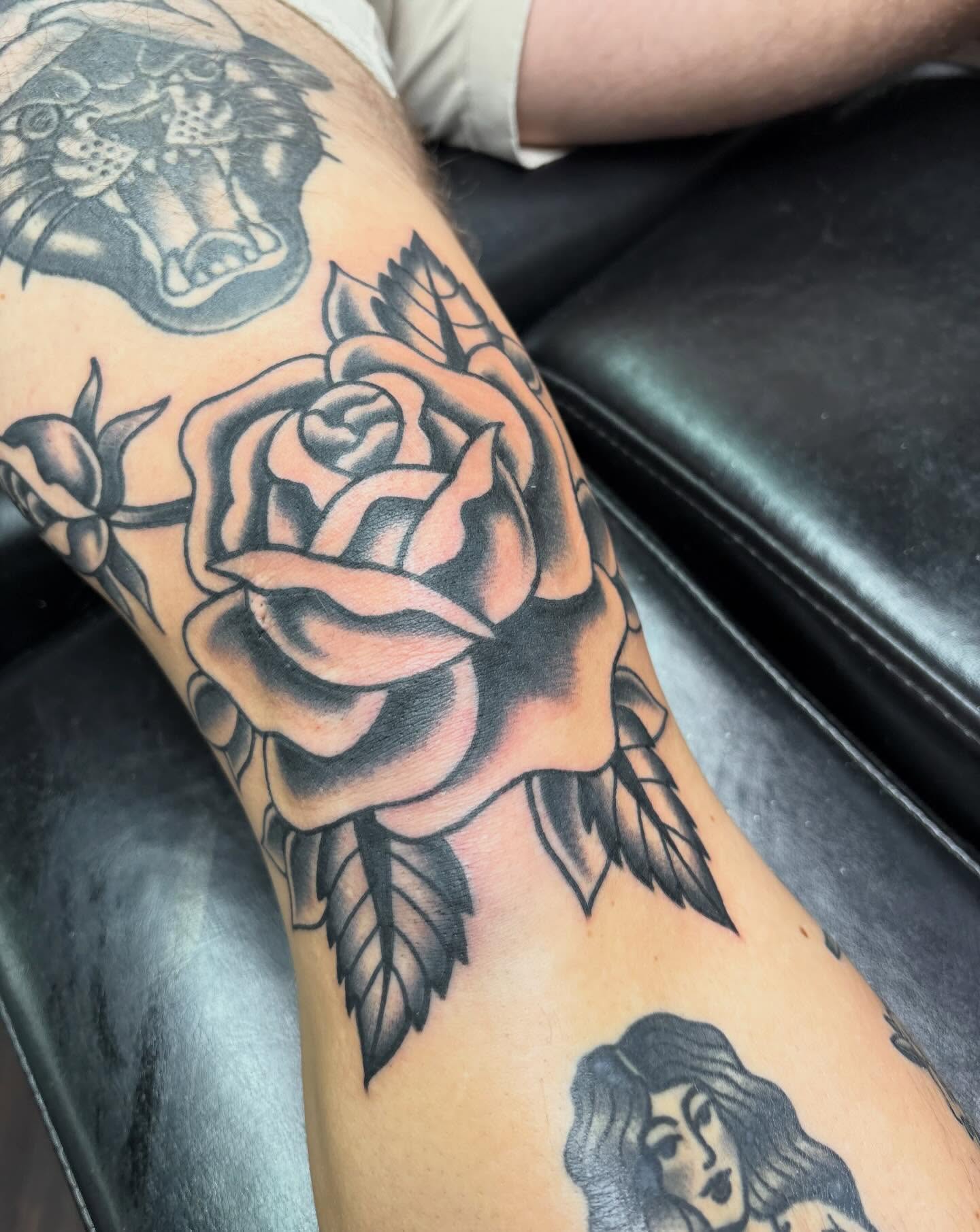 Rose American traditional tattoo on the forearm by ✨Shelby ✨