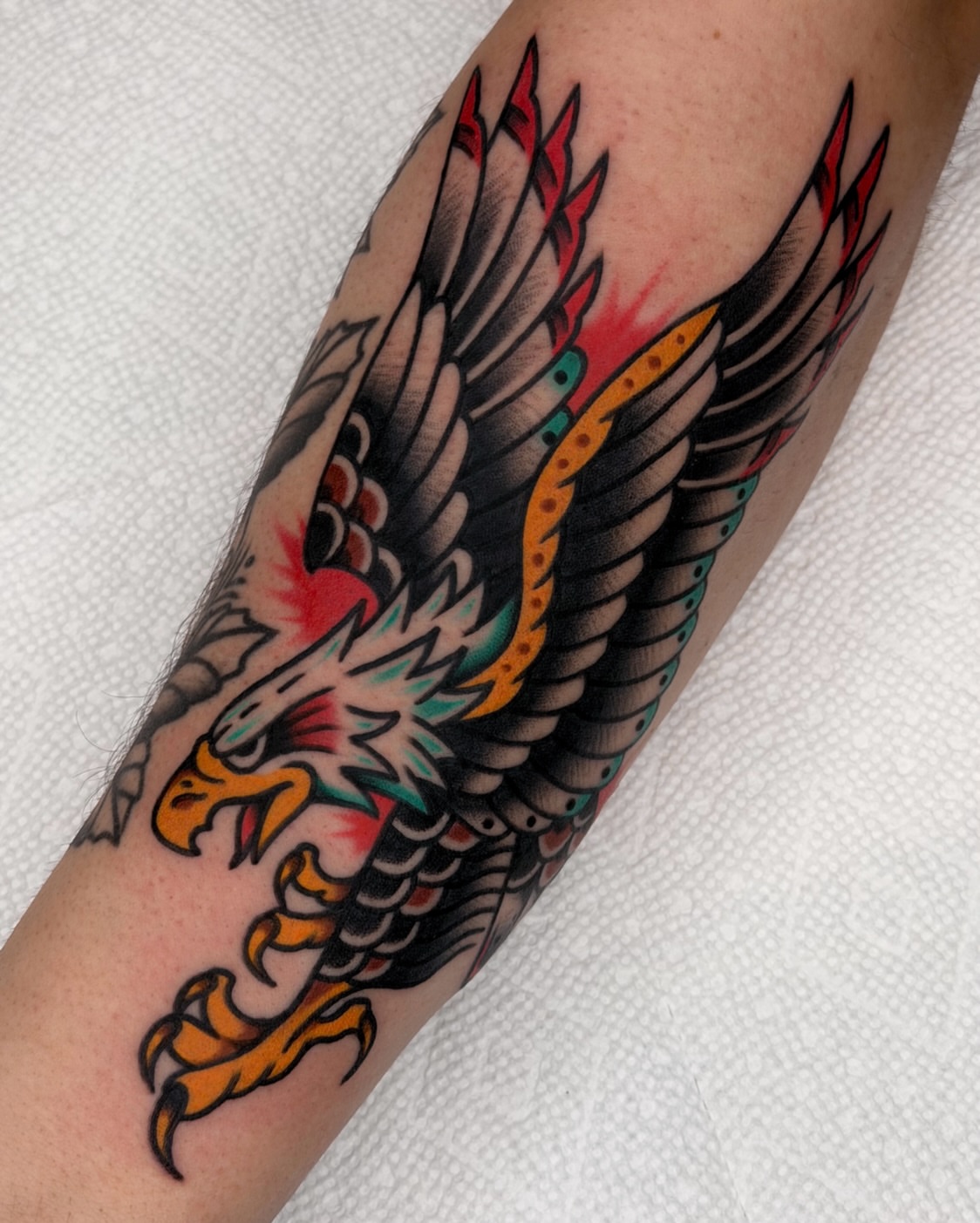 Eagle American traditional tattoo on the forearm by Samuel Dickey