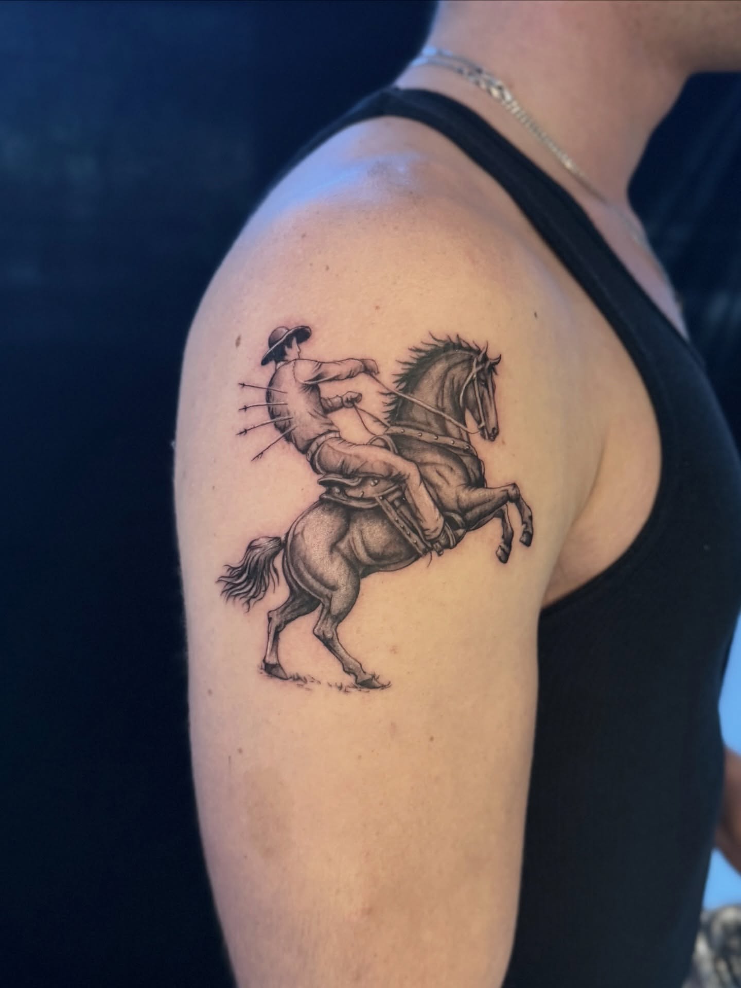 Rider on horse black and grey tattoo on the shoulder by Miro Ink Tattoo