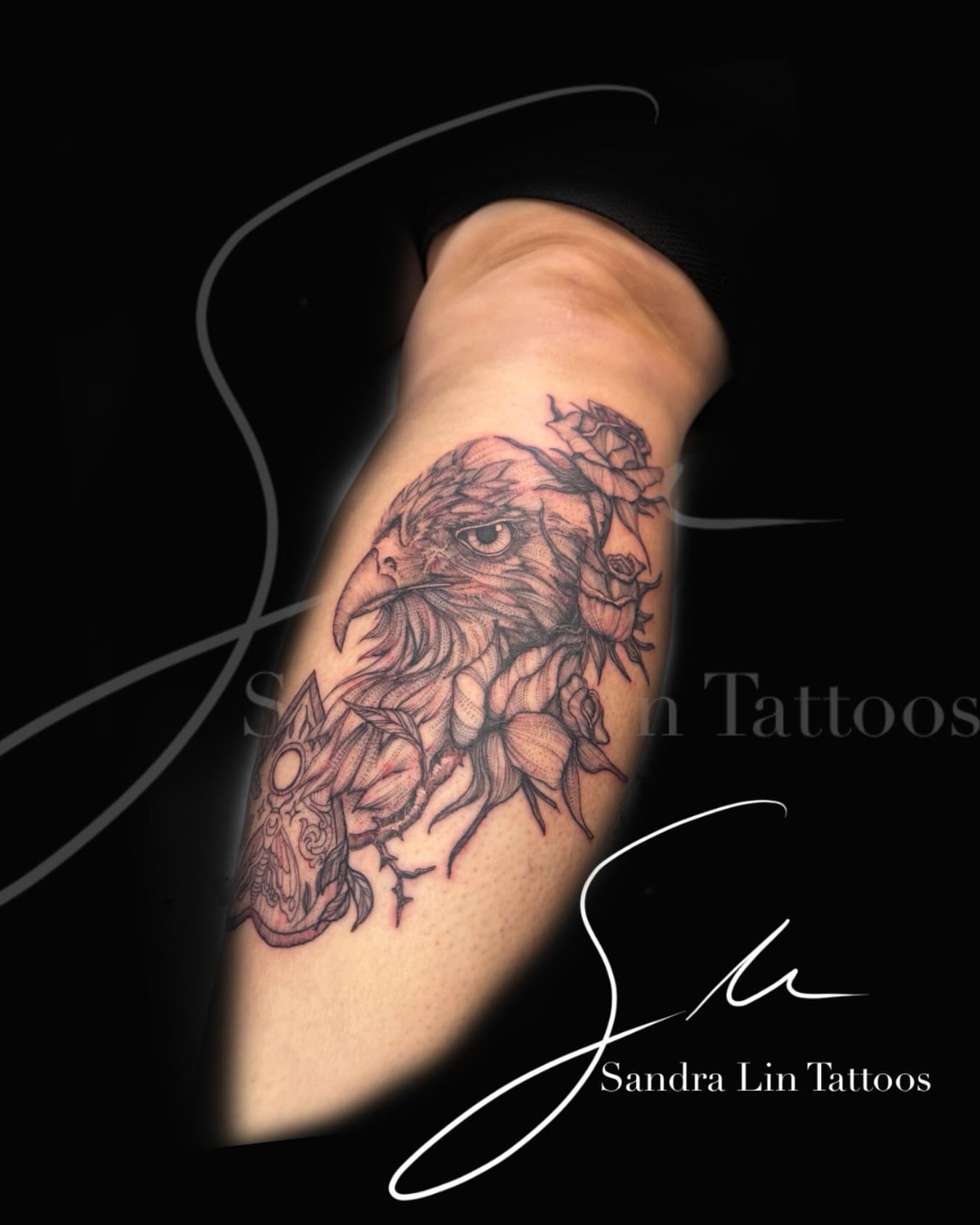 Eagle black and grey tattoo on the forearm by Sandra Lin Cue