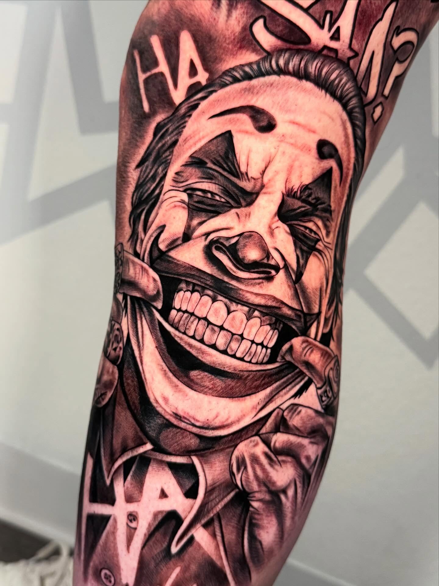 Joker black and grey tattoo on the forearm by Las Vegas Tattoo Artist, Las Vegas, Nevada