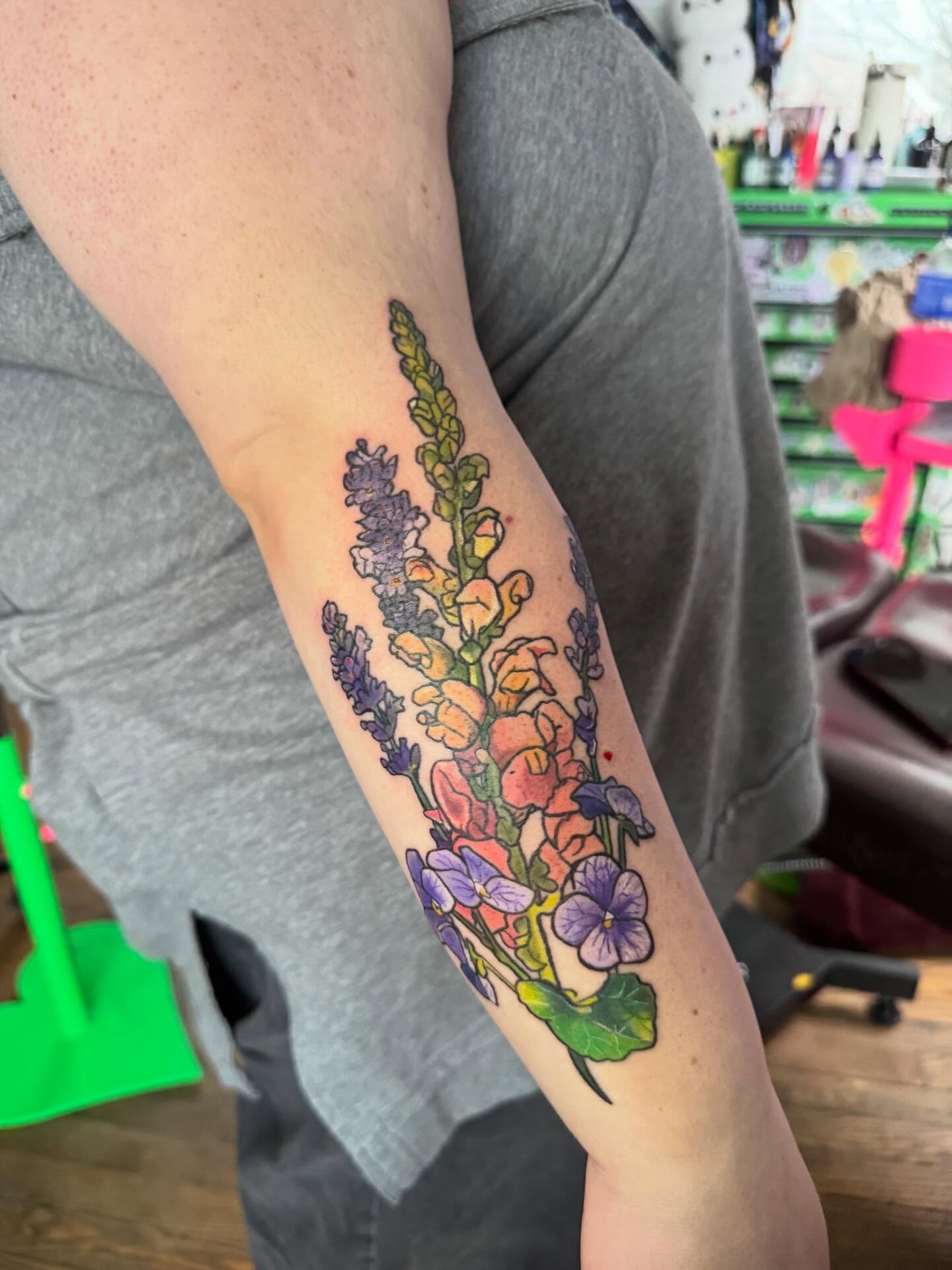 Flower bouquet new school tattoo on the forearm by Paula.p.tattoos