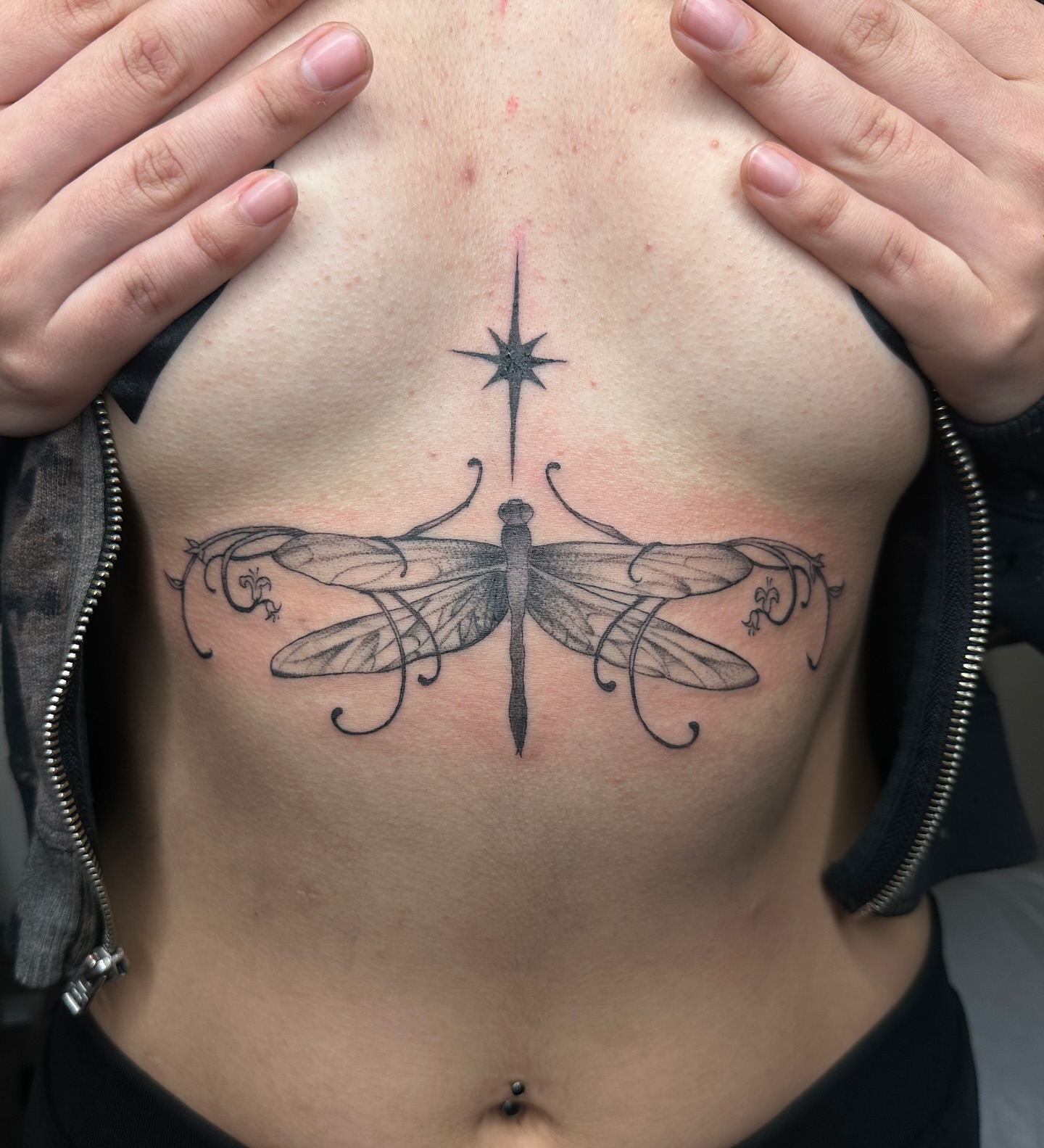 Dragonfly black and grey tattoo on the ribs by zoe mars