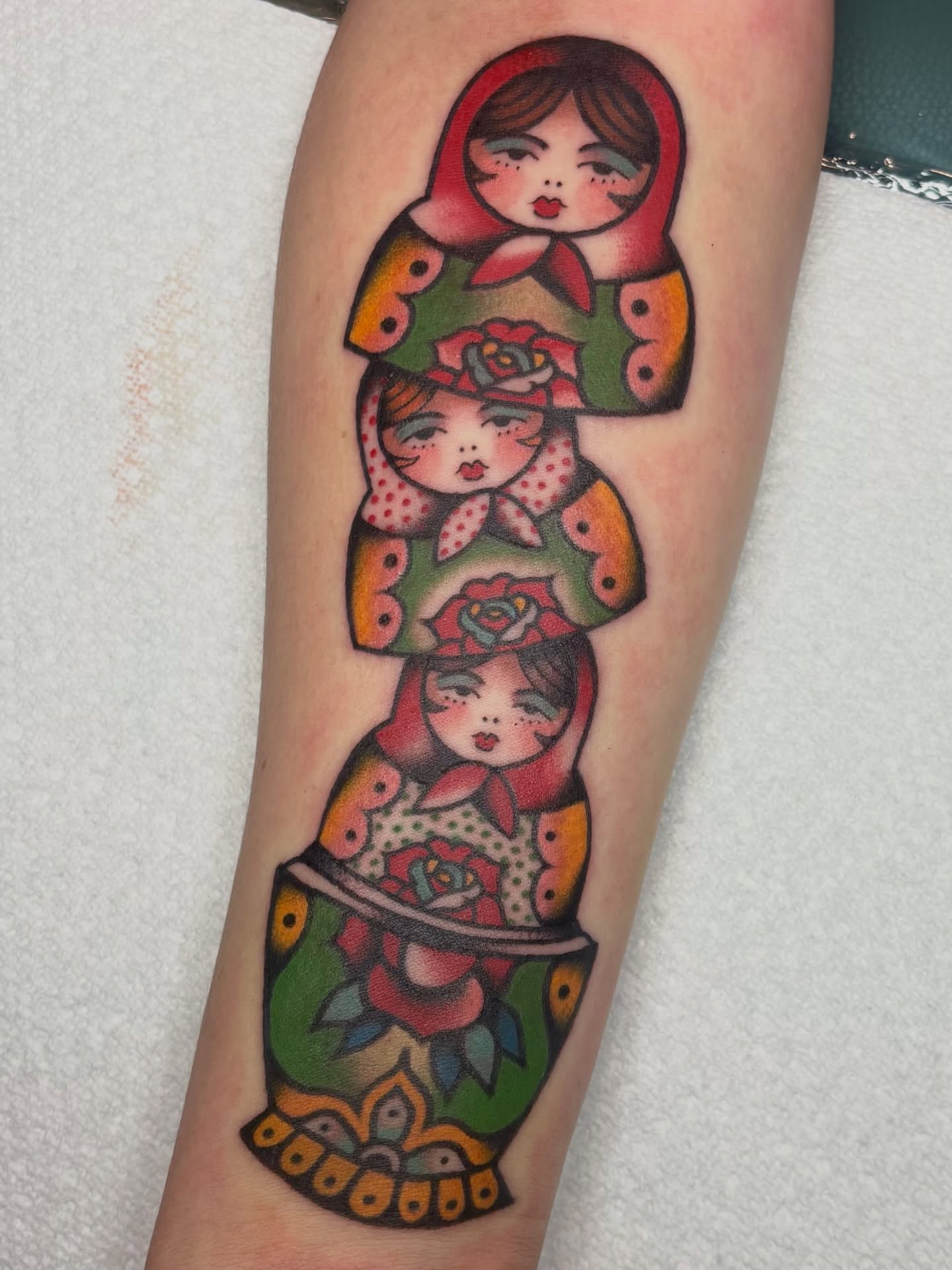Matryoshka dolls American traditional tattoo on the forearm by edith🌷, Murfreesboro, Tennessee
