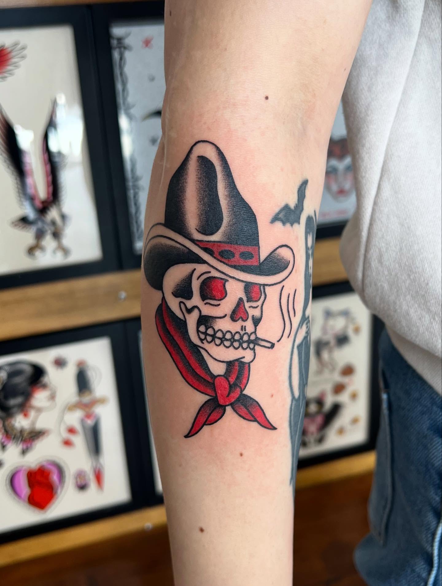 Cowboy skull American traditional tattoo on the forearm by 𝖆𝖑𝖞𝖘𝖘𝖆 ☽
