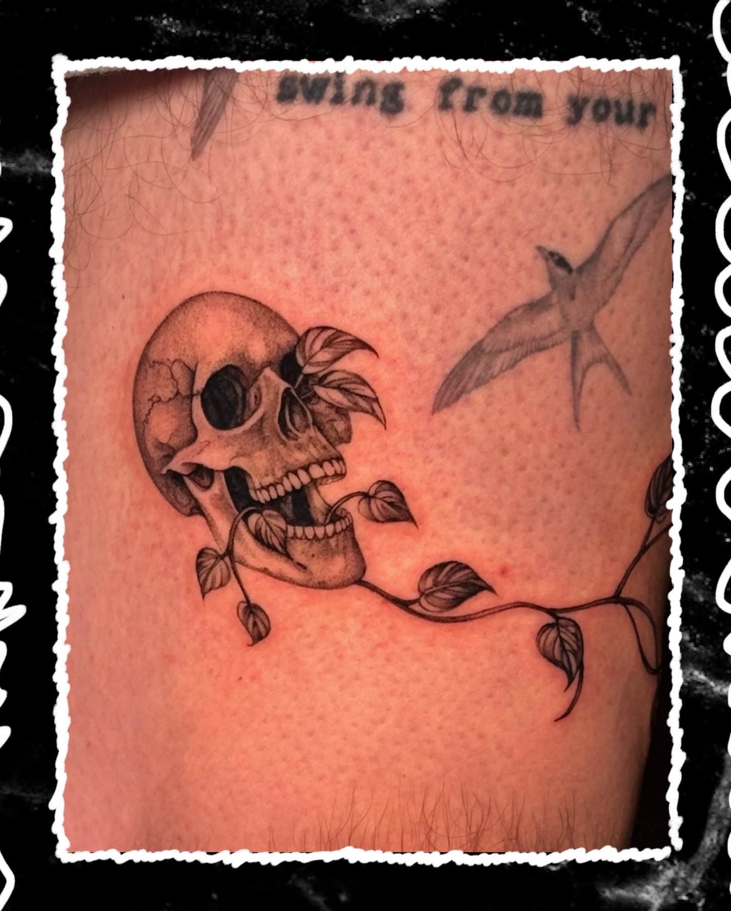 Skull and vine realism tattoo on the forearm by Tiny