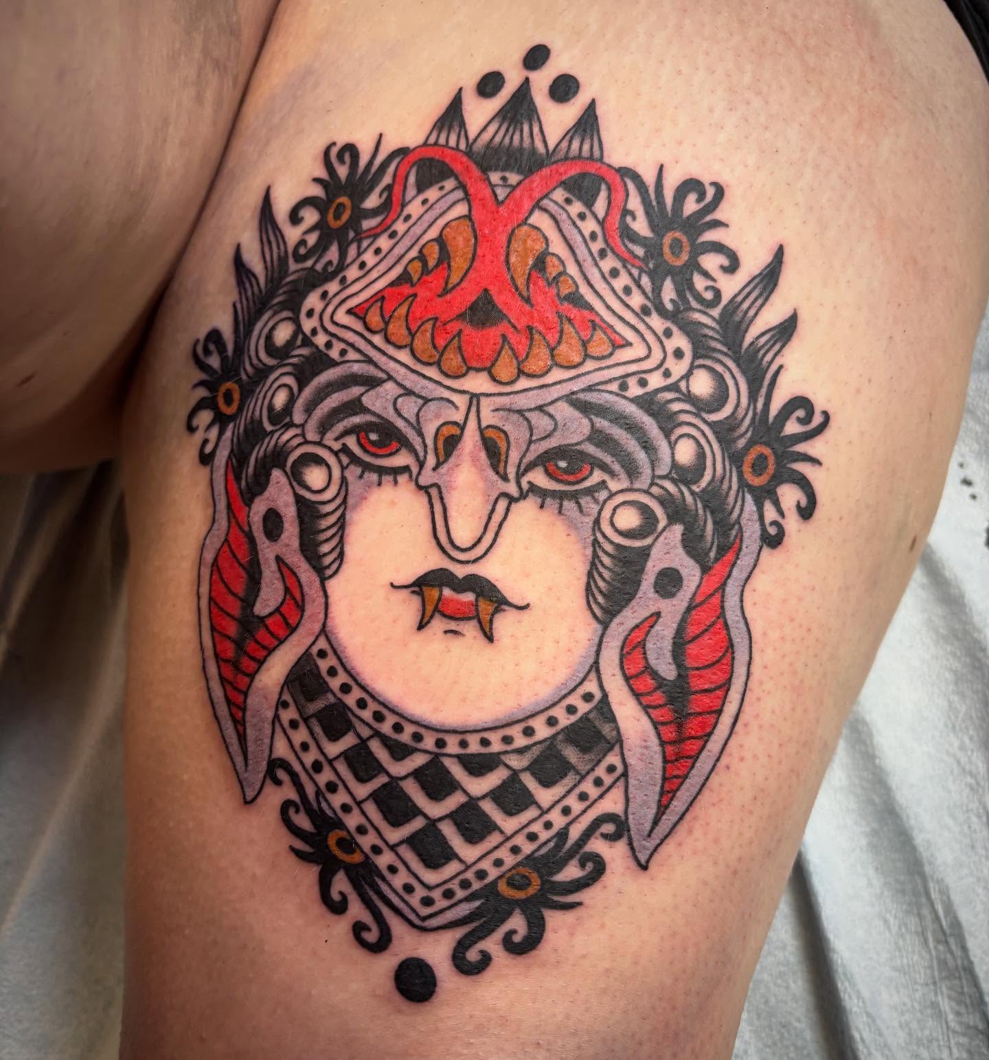 Vampire woman American traditional tattoo on the thigh by dayton skuse, Portland, Oregon