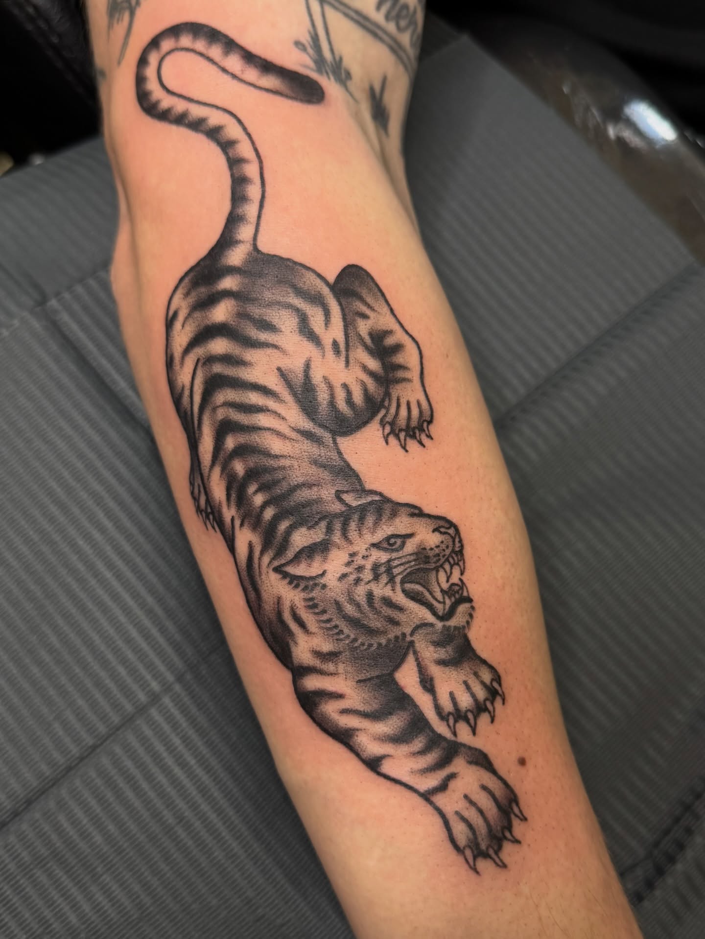 Roaring tiger black and grey tattoo on the forearm by Chloe Marie