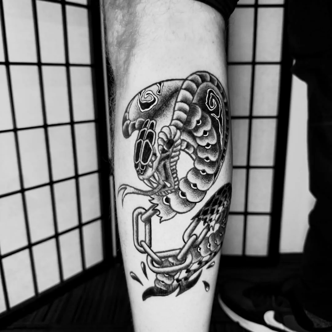 Alien xenomorph dotwork tattoo on the forearm by Austin Poliszuk, Minneapolis, Minnesota
