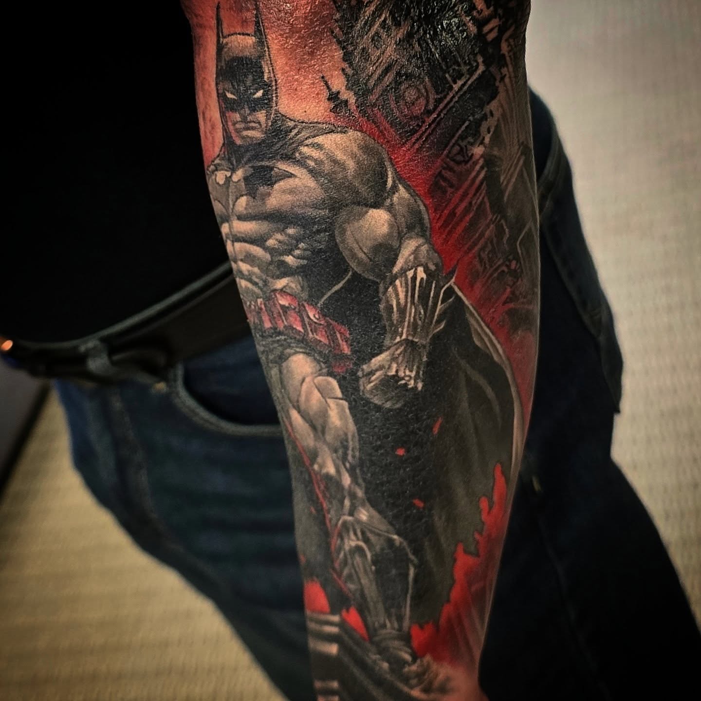 Batman realism tattoo on the forearm by Alexander L. Wolff, Rapid City, South Dakota